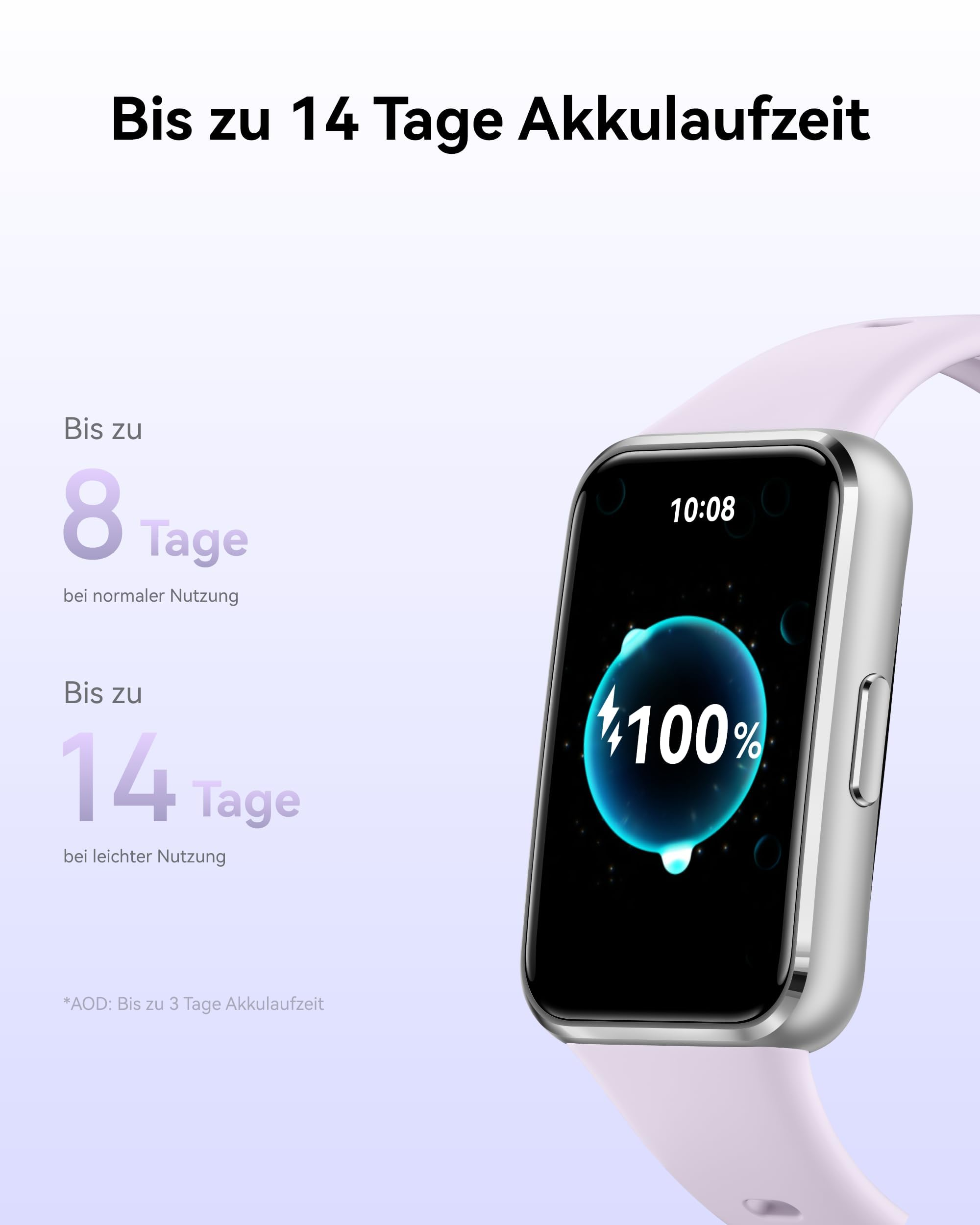 Uno smartwatch con cassa argentata e cinturino viola mostra il 100% di batteria e testo sulla durata.