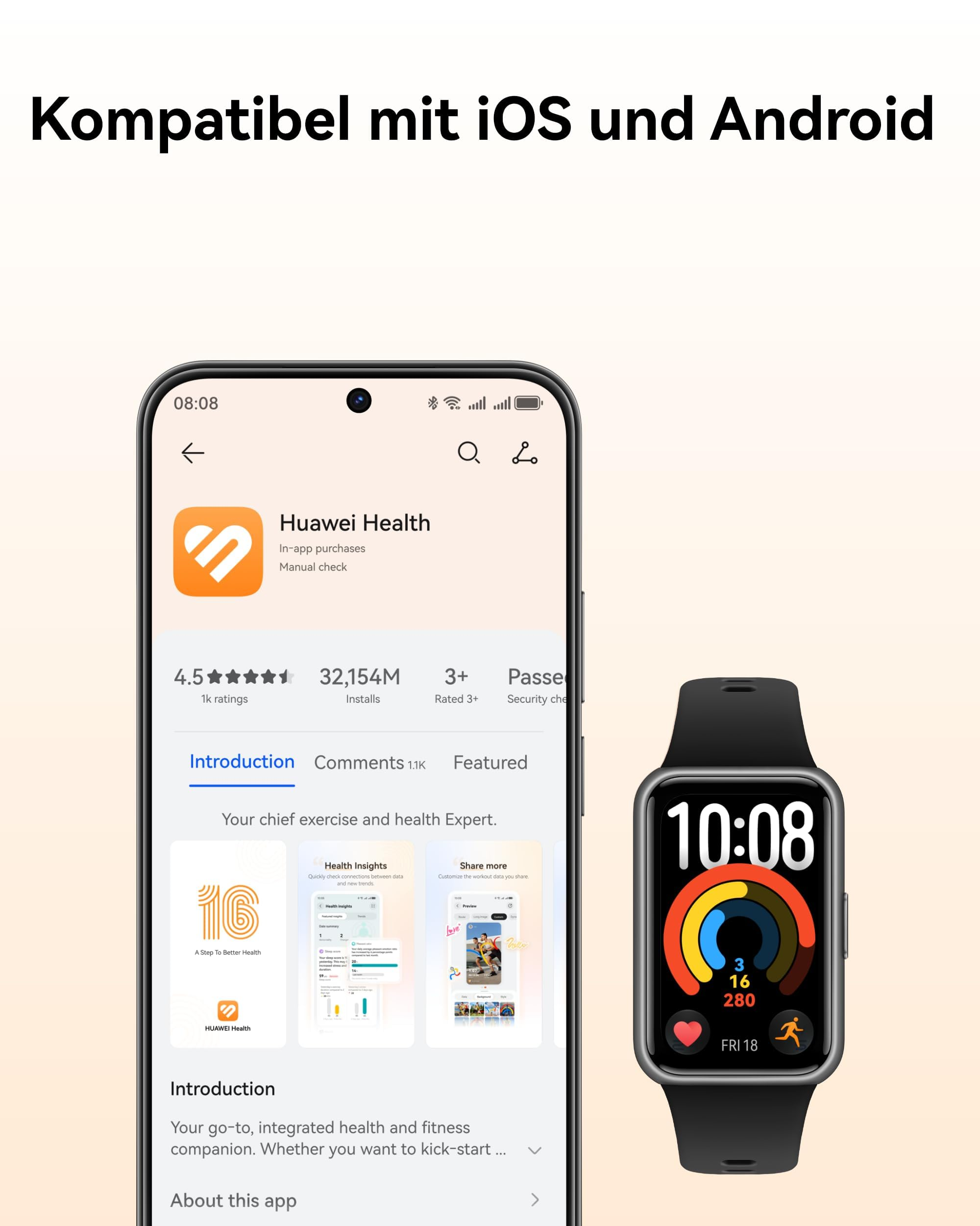 Smartphone con l'app Huawei Health accanto a uno smartwatch nero con quadrante colorato.