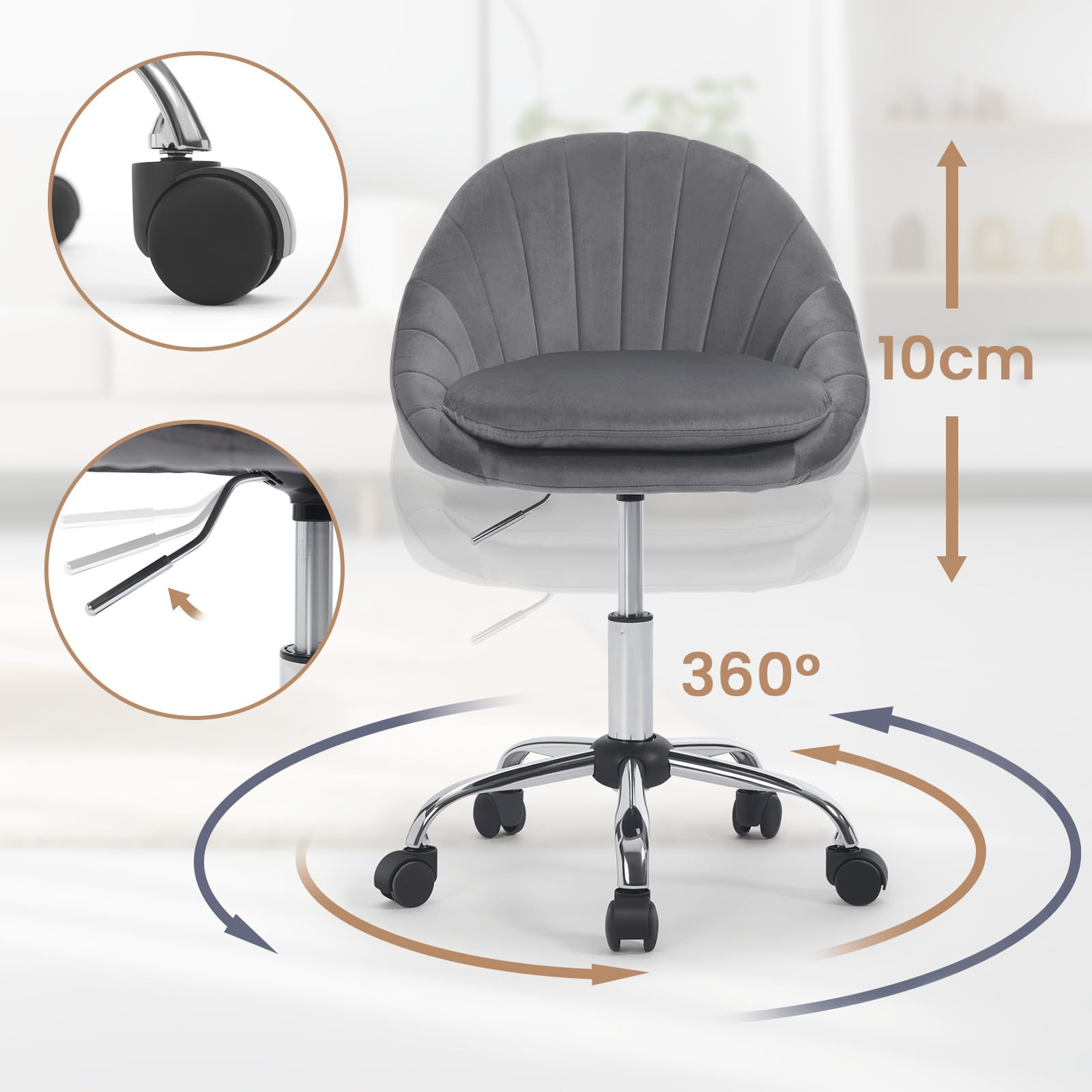 Grauer Samt-Drehstuhl mit 360-Grad-Drehung und 10 cm Höhenverstellung, Rollen und Hebel.