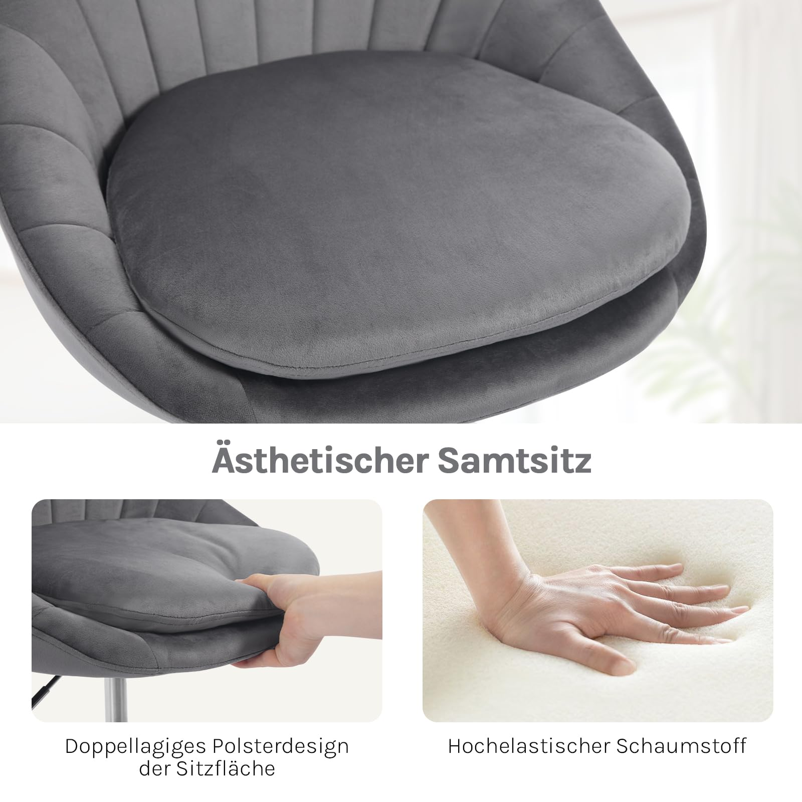 Grauer Samtsitz mit doppellagigem Kissen und elastischem Schaumstoff.