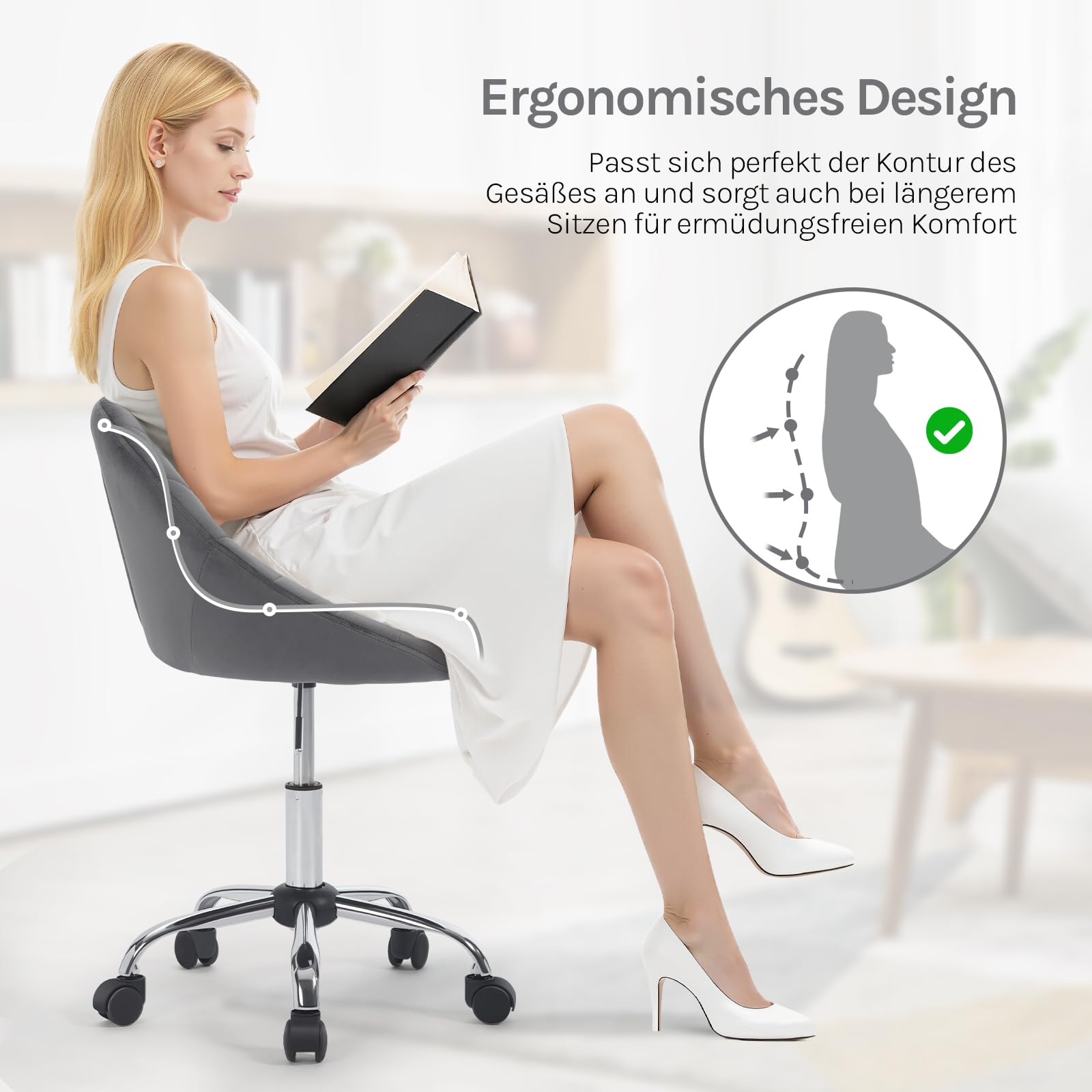 Frau sitzt auf ergonomischem grauem Stuhl und liest ein Buch.