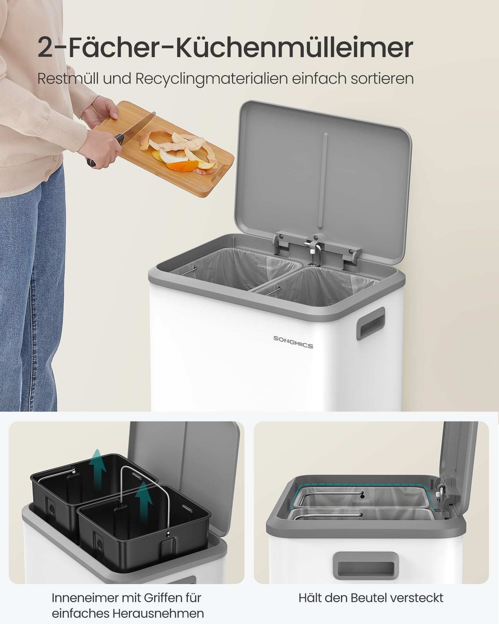 Ein weißer 2-Fächer-Mülleimer mit offenem Deckel und zwei herausnehmbaren Inneneimern.