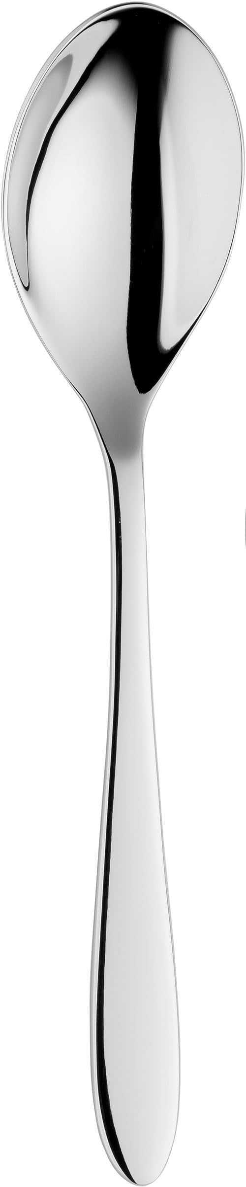 Une cuillère en métal argenté brillant sur fond blanc, prise verticale.