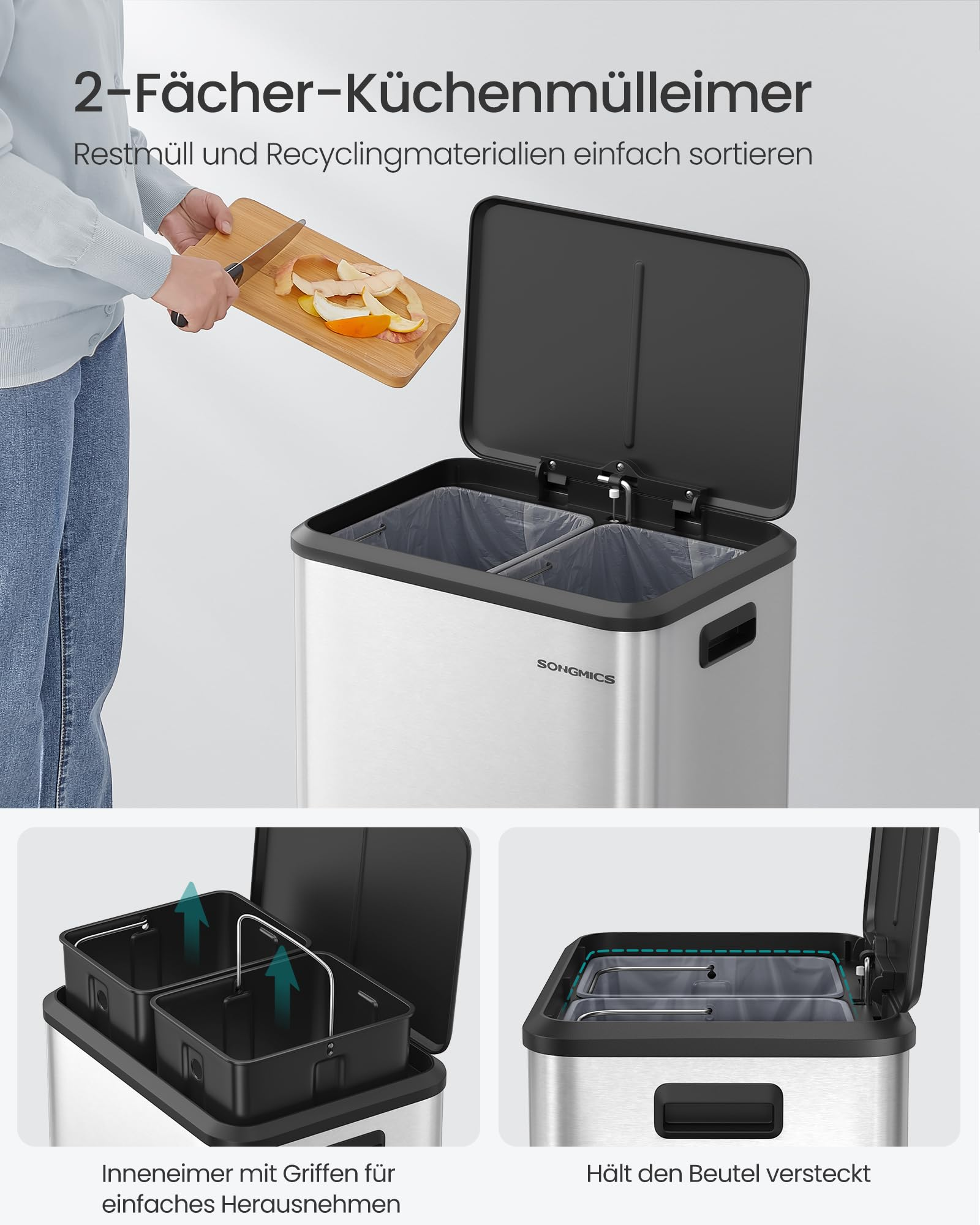 Doppelter Mülleimer aus Edelstahl mit zwei Fächern und offenem Deckel, während Obstschalen hineingeworfen werden.