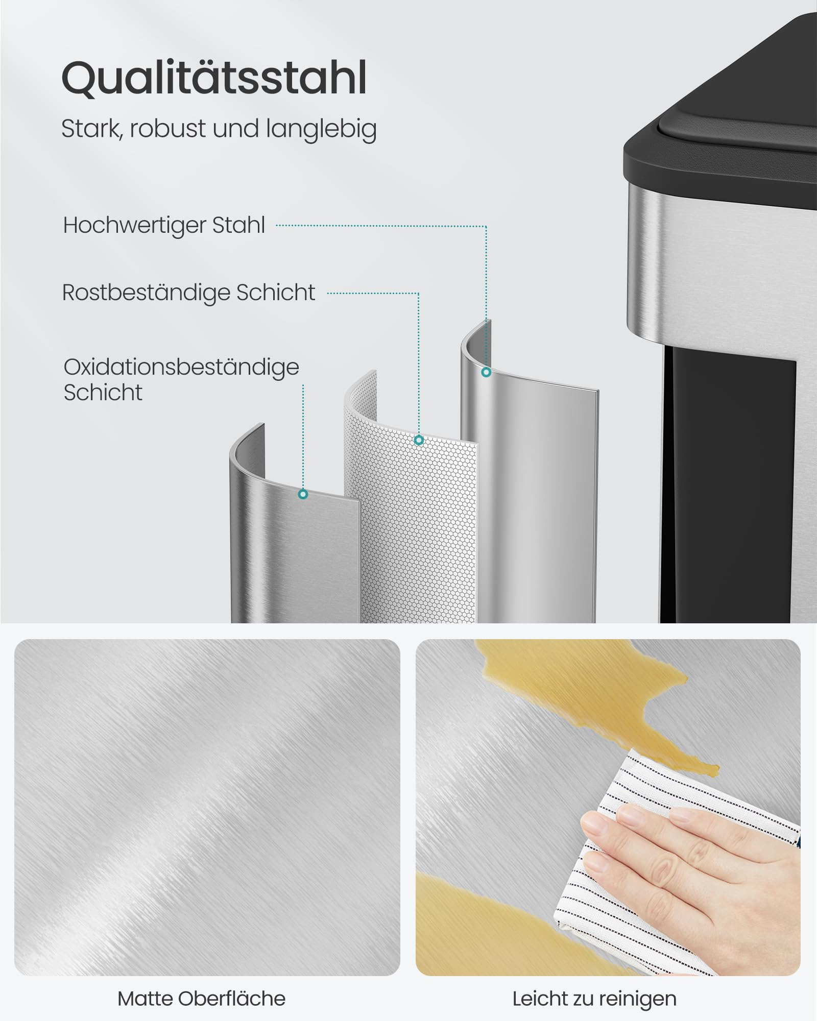 Diagramm zeigt die verschiedenen Stahlschichten und die einfache Reinigung der matten Oberfläche.