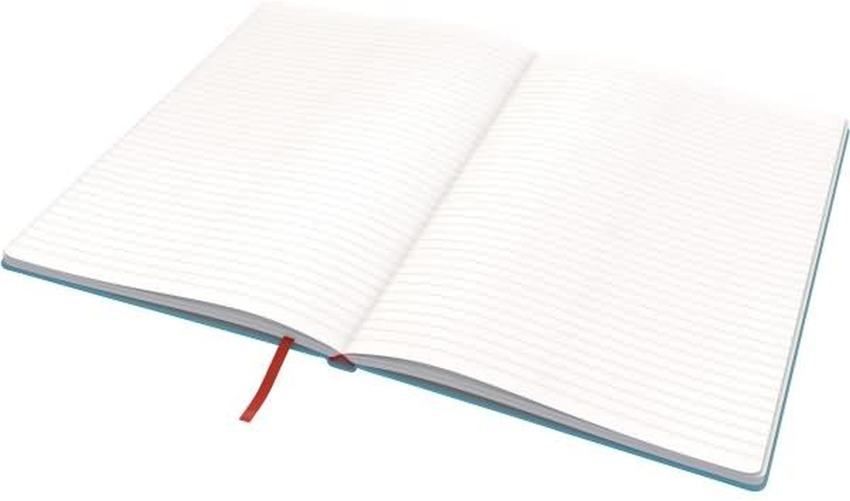 Ein offenes Notizbuch mit linierten weißen Seiten und rotem Lesebändchen auf weißem Hintergrund.