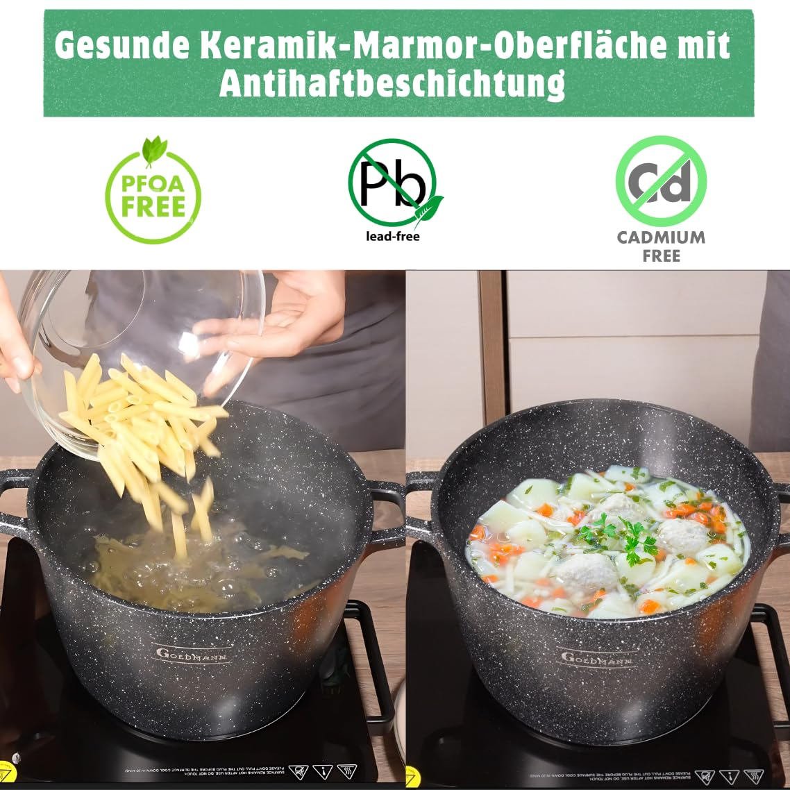 Superficie in marmo ceramico sano, antiaderente, senza PFOA, piombo e cadmio.