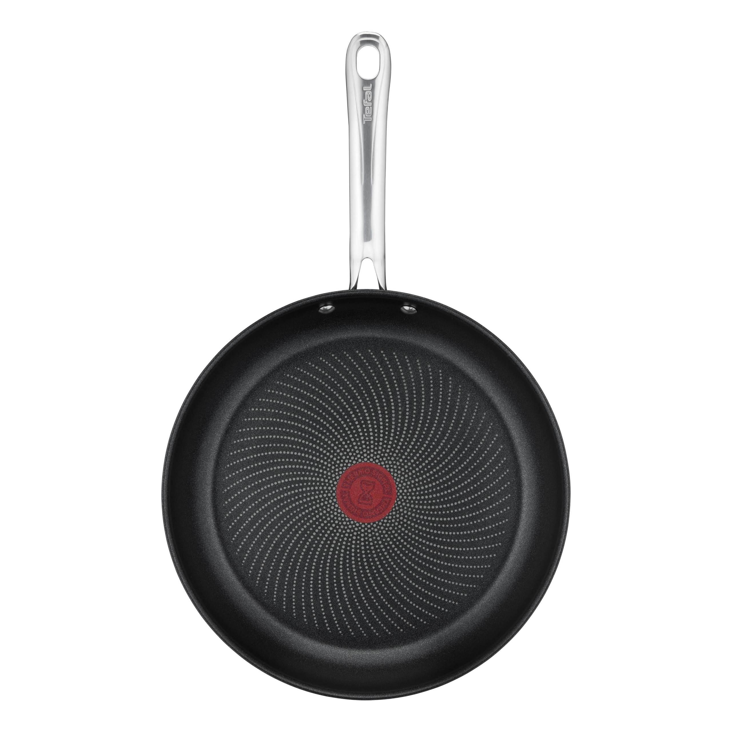 Poêle à frire Tefal noire avec manche en métal et thermorétractable rouge au centre sur fond blanc.