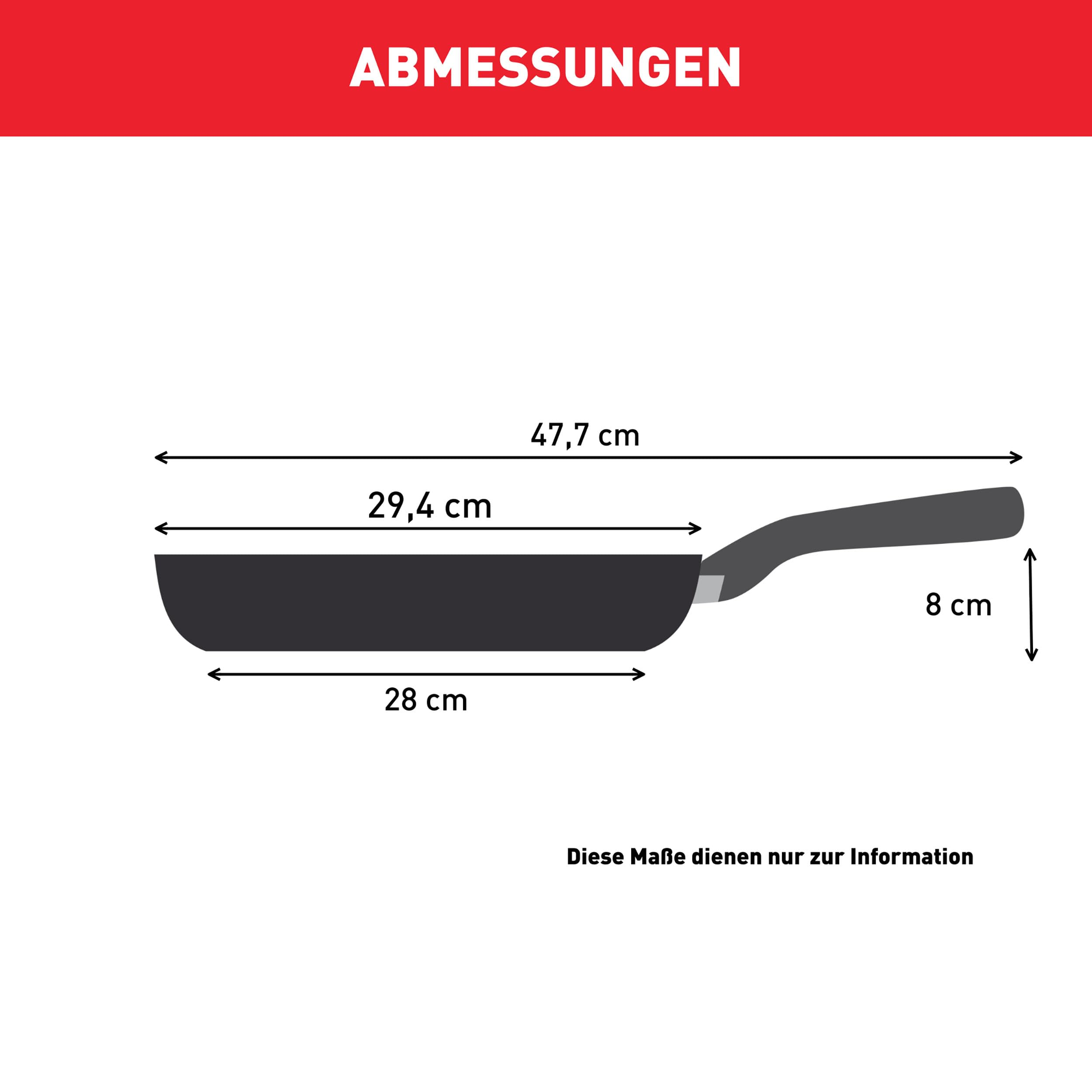 Schéma indiquant les dimensions d'une poêle, 28 cm de diamètre et 47,7 cm de longueur totale.