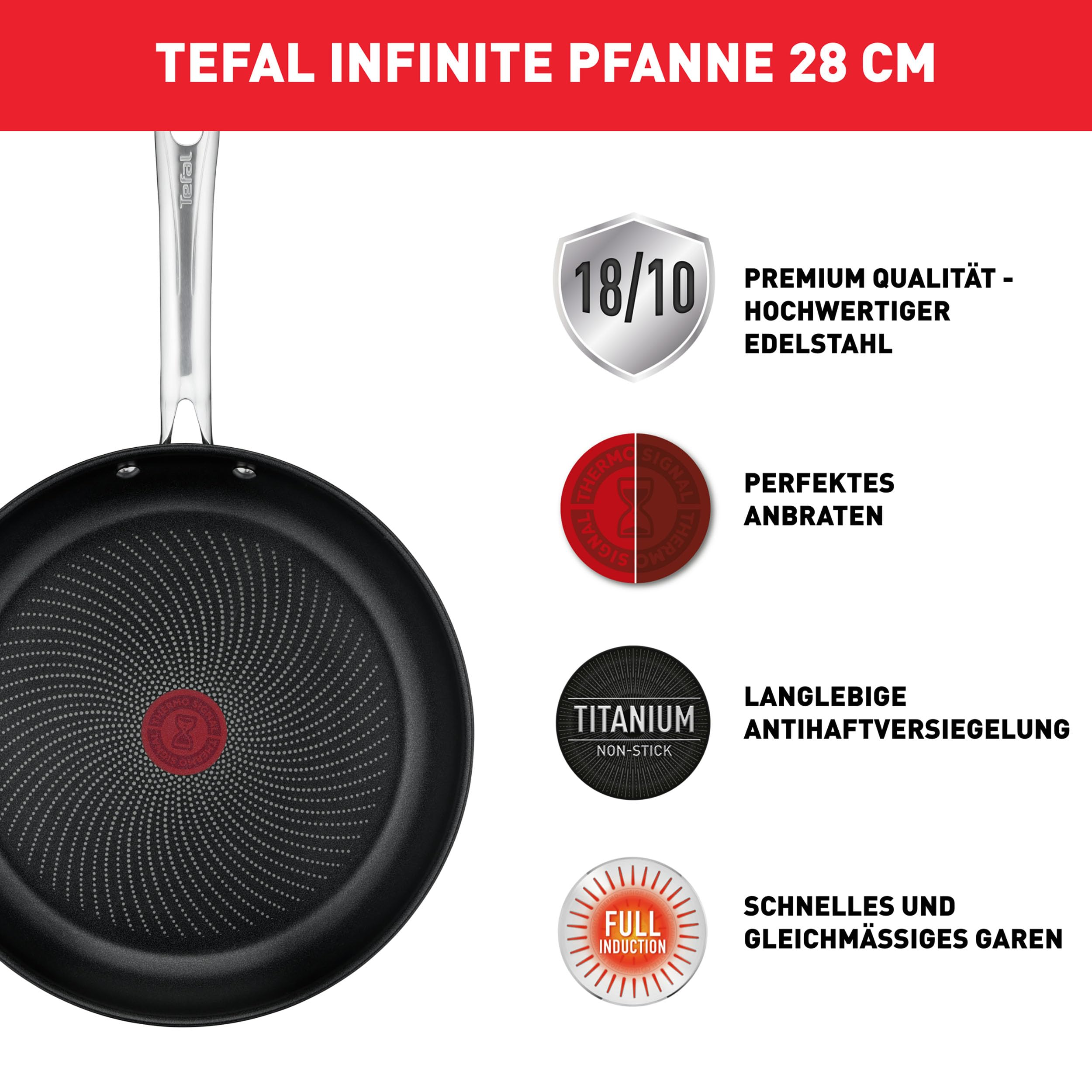 Poêle Tefal Infinite 28 cm en acier inoxydable, Thermo-Signal, antiadhésif titane et induction.