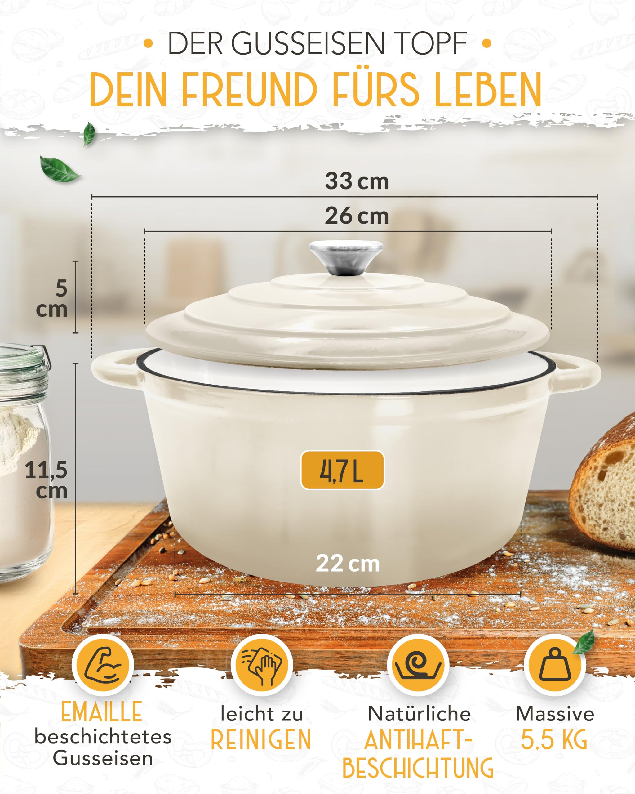Pentola in ghisa beige su tagliere di legno con misure e testi.