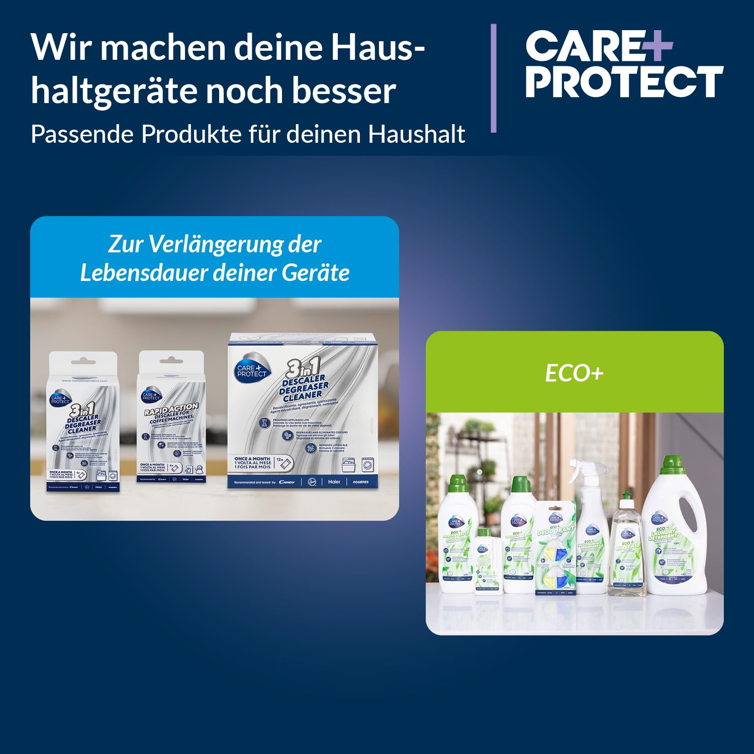 Care+Protect-Haushaltsprodukte für längere Lebensdauer und ökologische Reinigung in blauen und grünen Packungen.