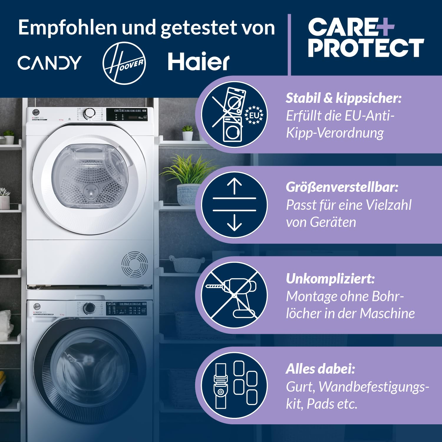 Werbegrafik für Care+Protect: Ein Waschtrockner-Turm und vier blaue Kreise mit Produktvorteilen.