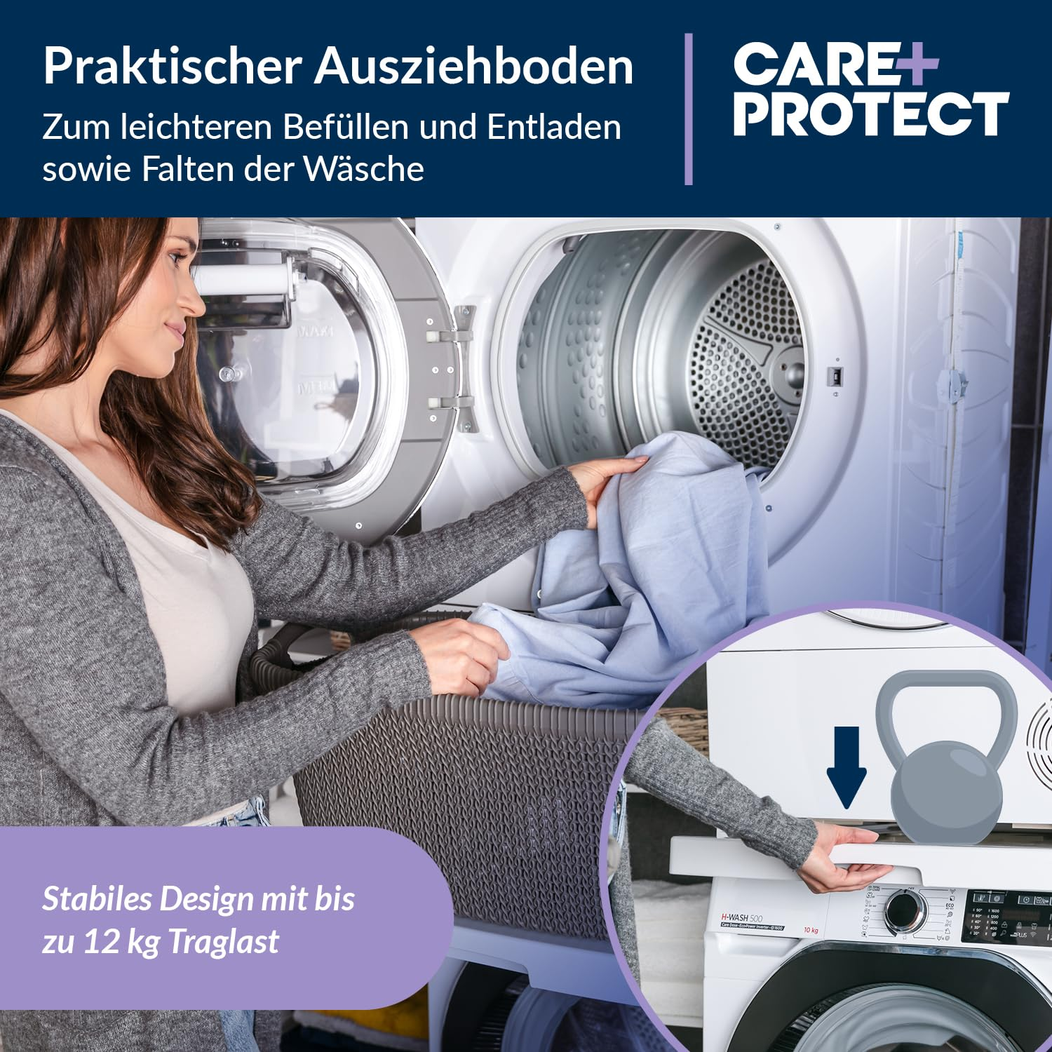 Frau befüllt Trockner mit Wäsche; ein Ausziehregal hält bis zu 12 kg Last.