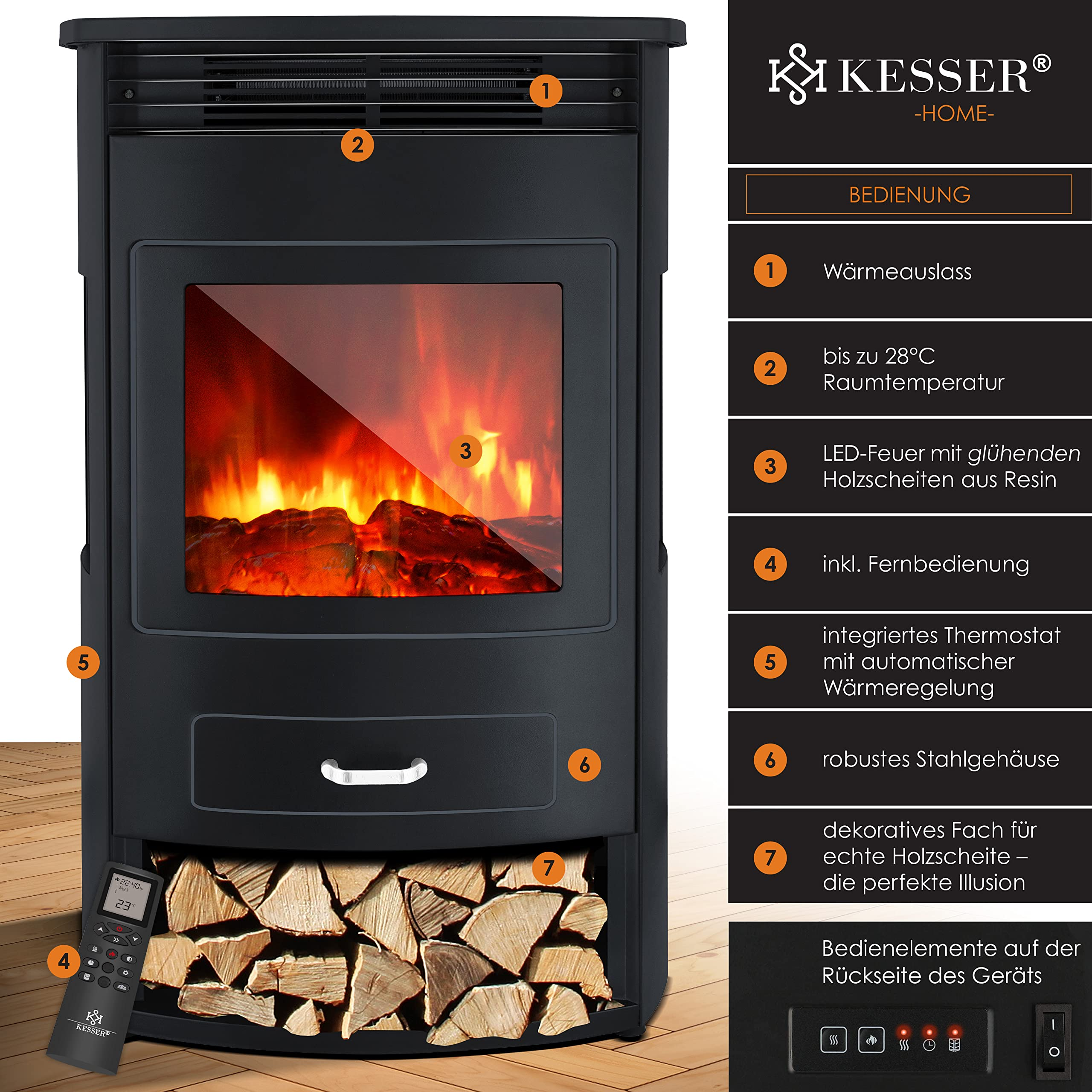 Camino nero Kesser con fuoco a LED, ceppi, telecomando e richiami numerati da 1 a 7.