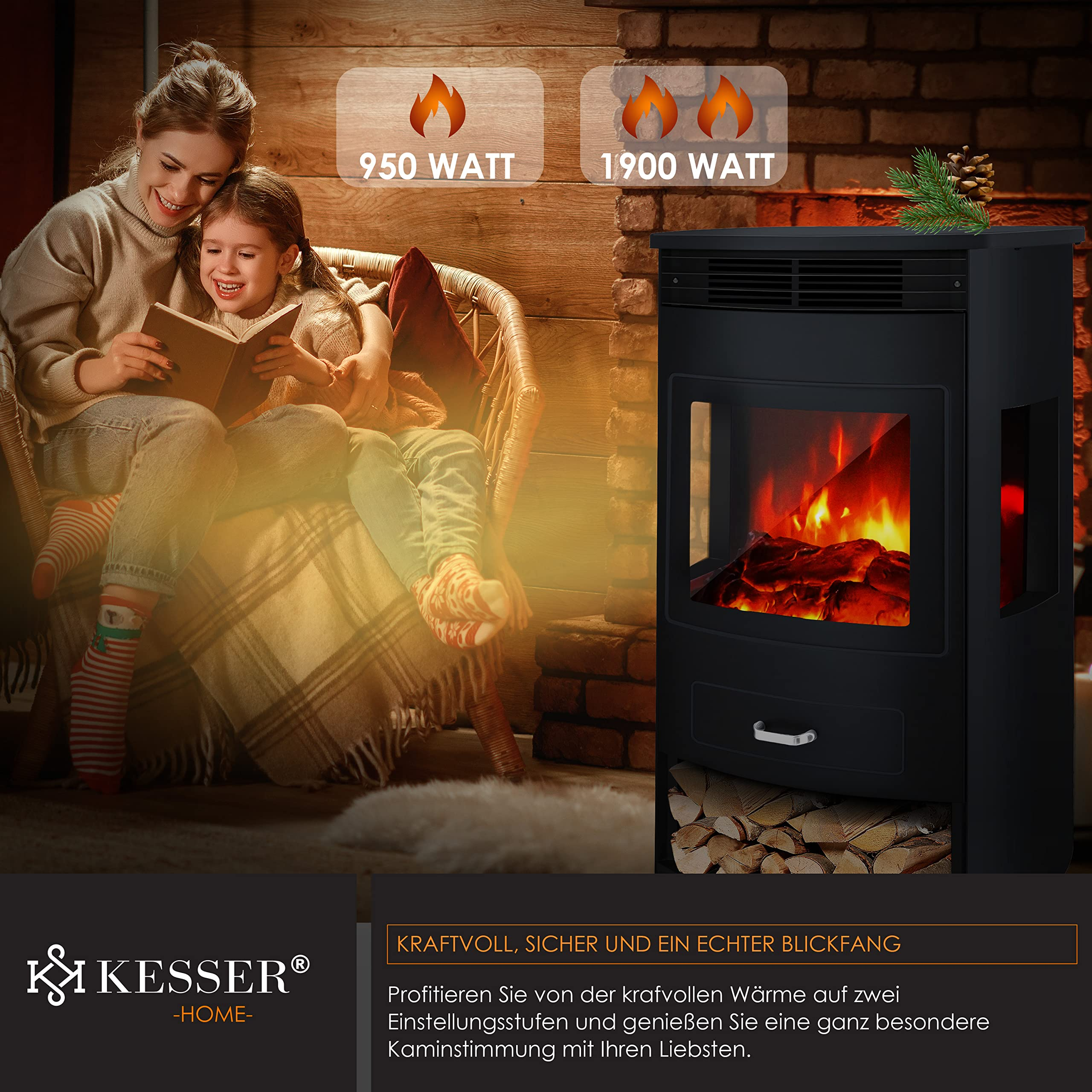 Madre e figlia leggono comodamente vicino a un camino. Testo 950 e 1900 watt e logo Kesser.