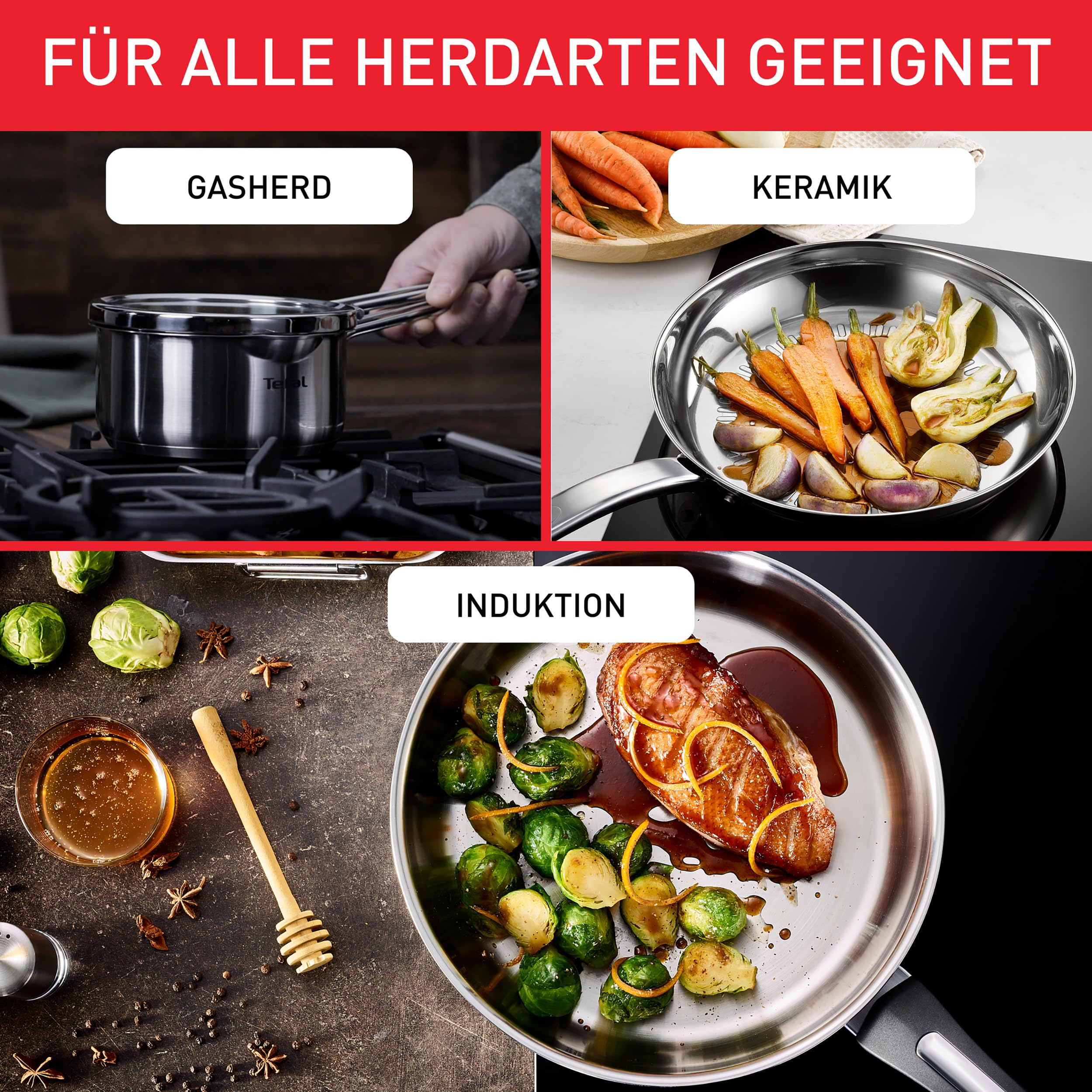 Diverses casseroles et poêles sur des tables de cuisson à gaz, vitrocéramique et induction avec des aliments.