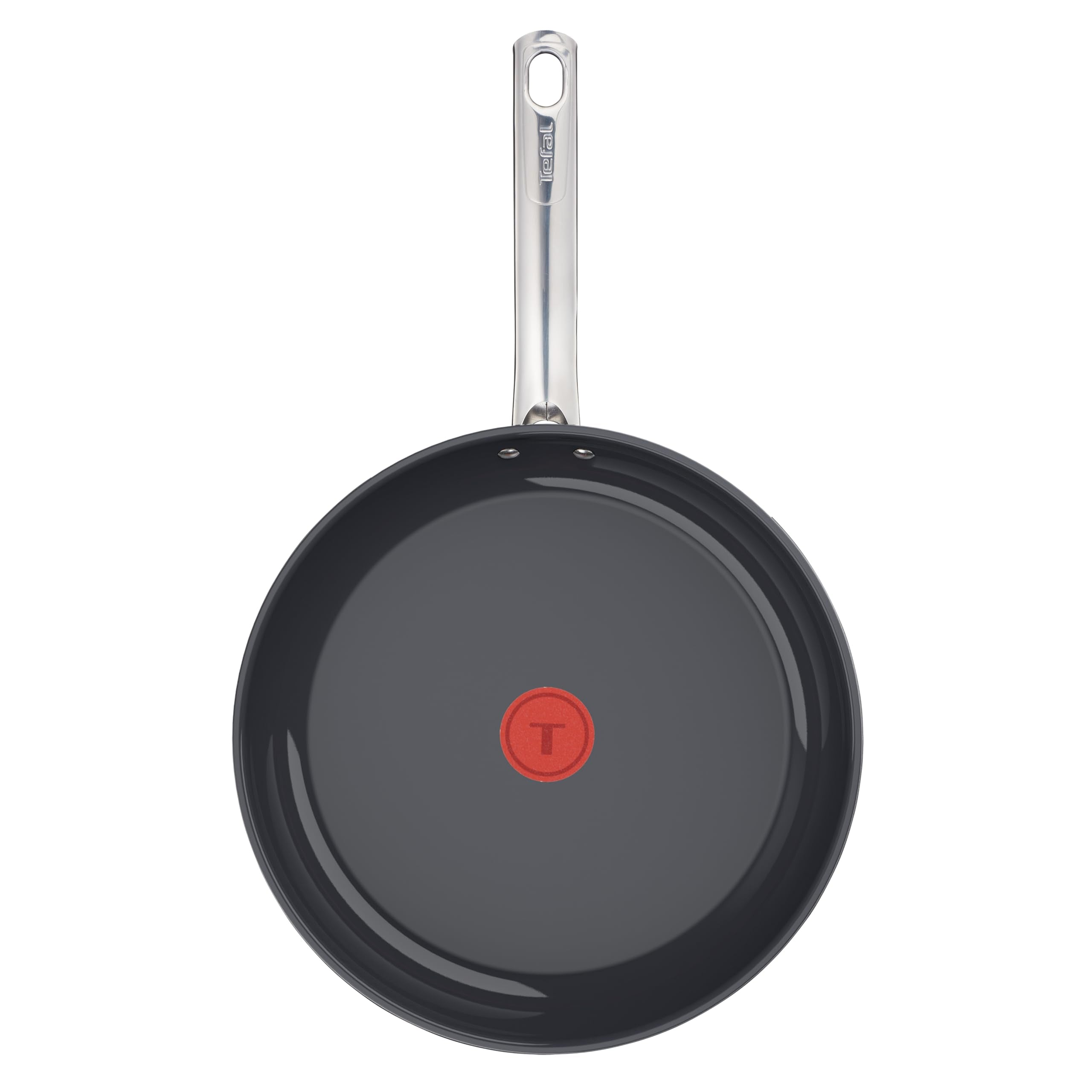 Une poêle Tefal gris foncé avec une longue poignée argentée et un indicateur rouge au centre.