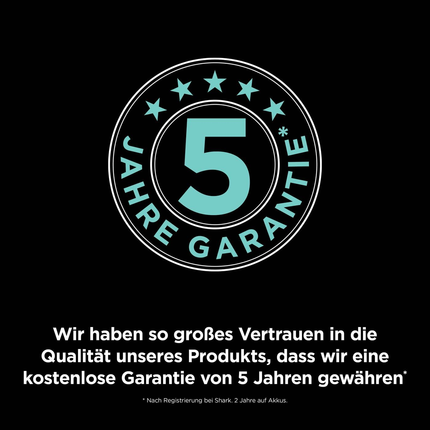 Ein schwarzes Bild mit einem runden Logo mit der Zahl 5 und dem Text 5 Jahre Garantie sowie deutschem Text darunter.