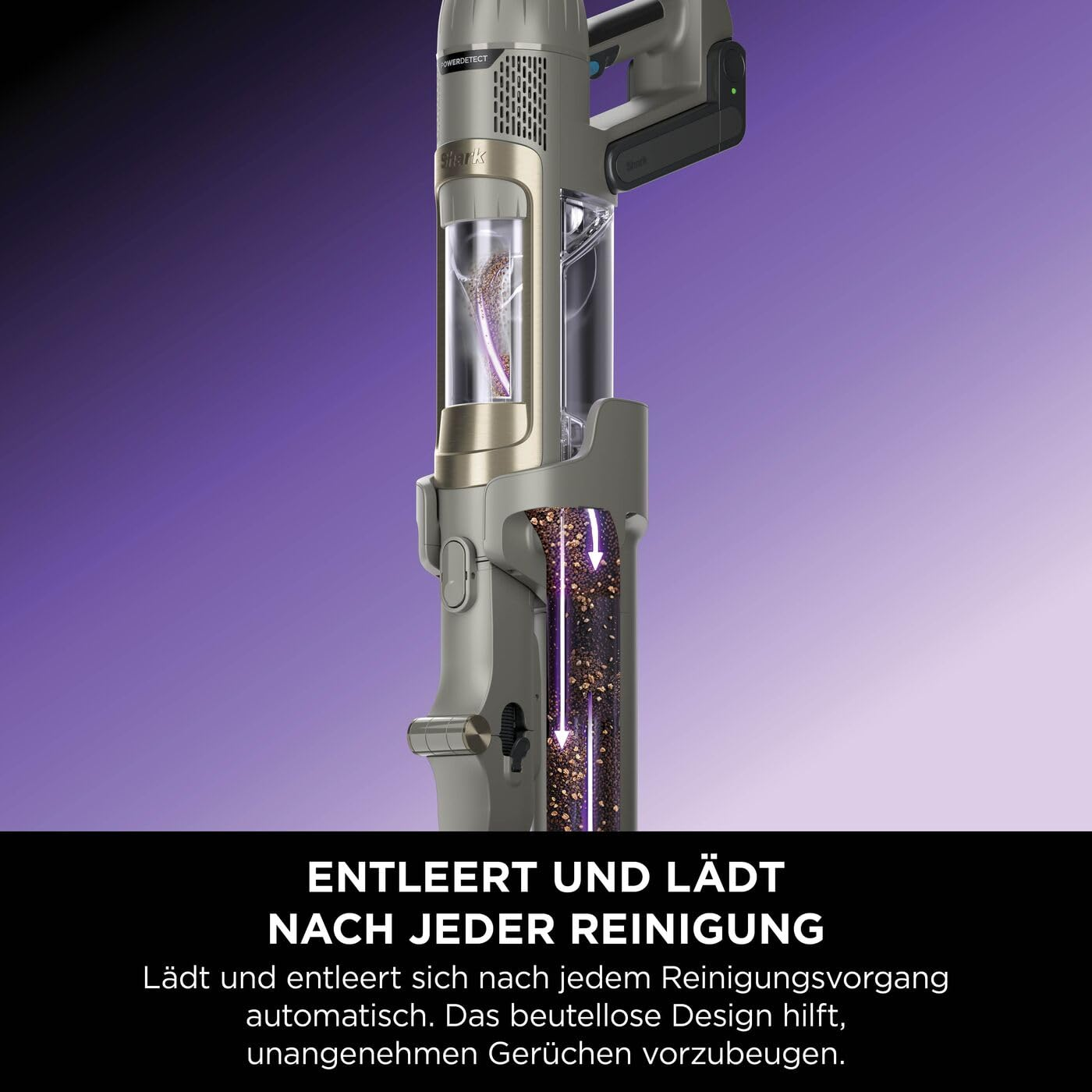 Ein grauer Staubsauger vor lila Hintergrund mit Text über automatisches Entleeren und Laden.