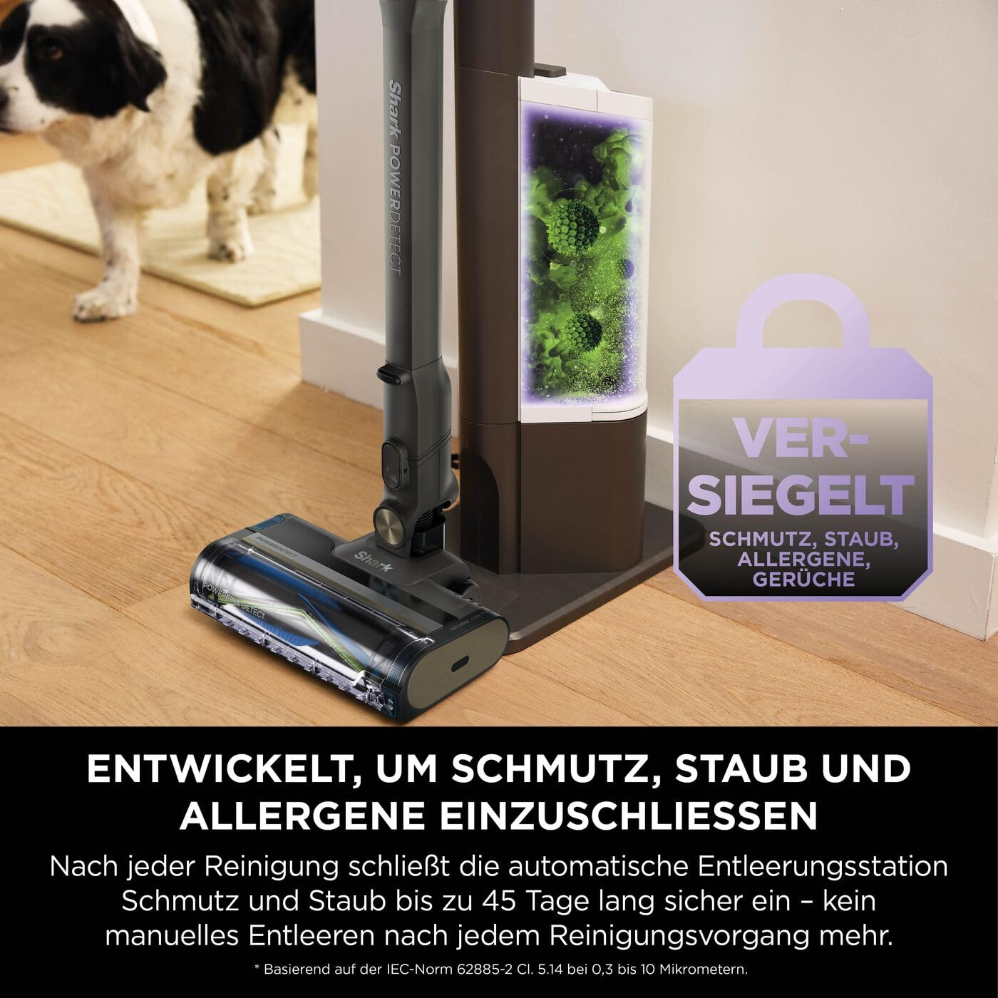 Shark-Staubsauger auf Holzboden, im Hintergrund ein Hund. Rechter Hand ein versiegelter Behälter.
