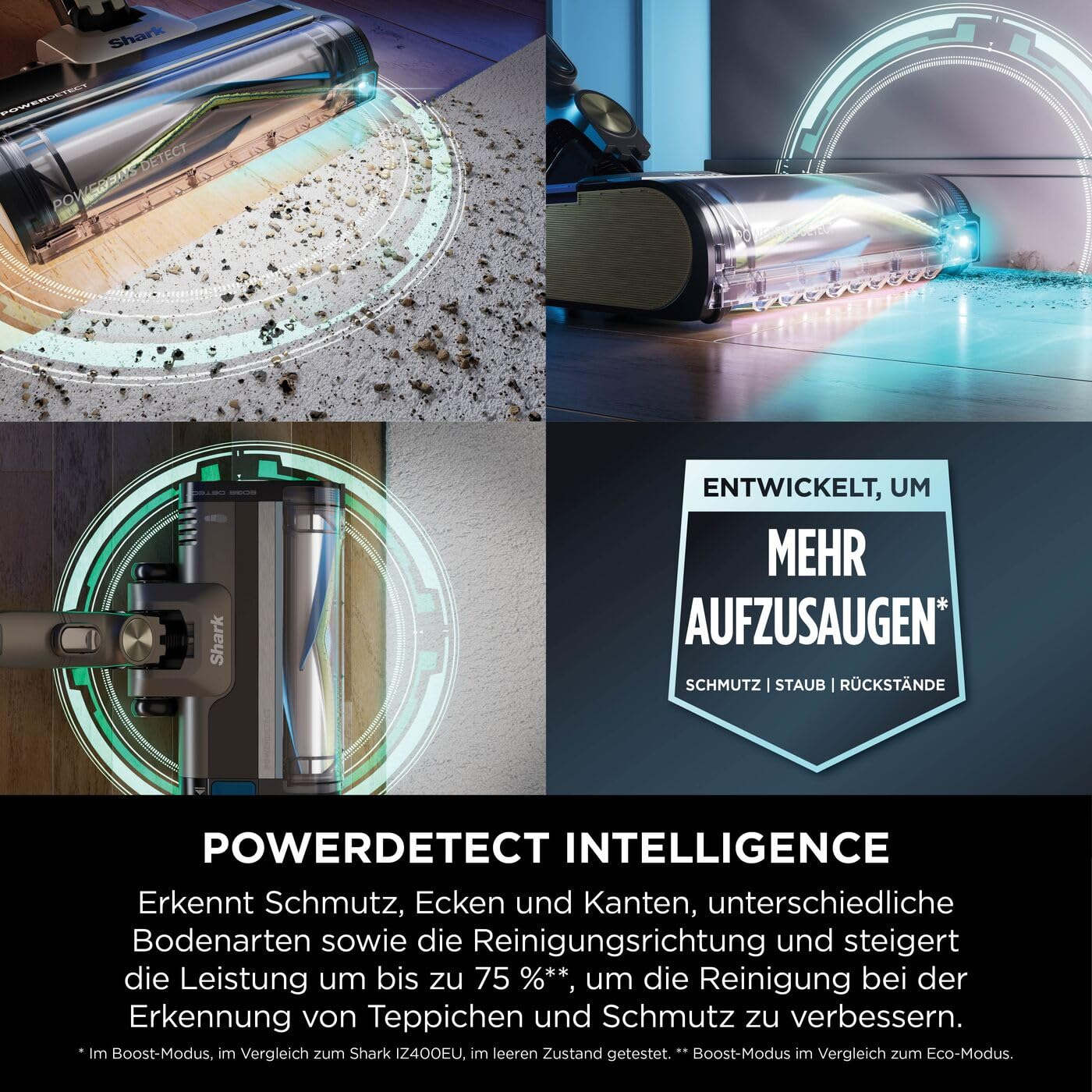 Shark PowerDetect Staubsaugerkopf reinigt Schmutz auf Boden, mit Text und Symbolen für intelligente Reinigung.