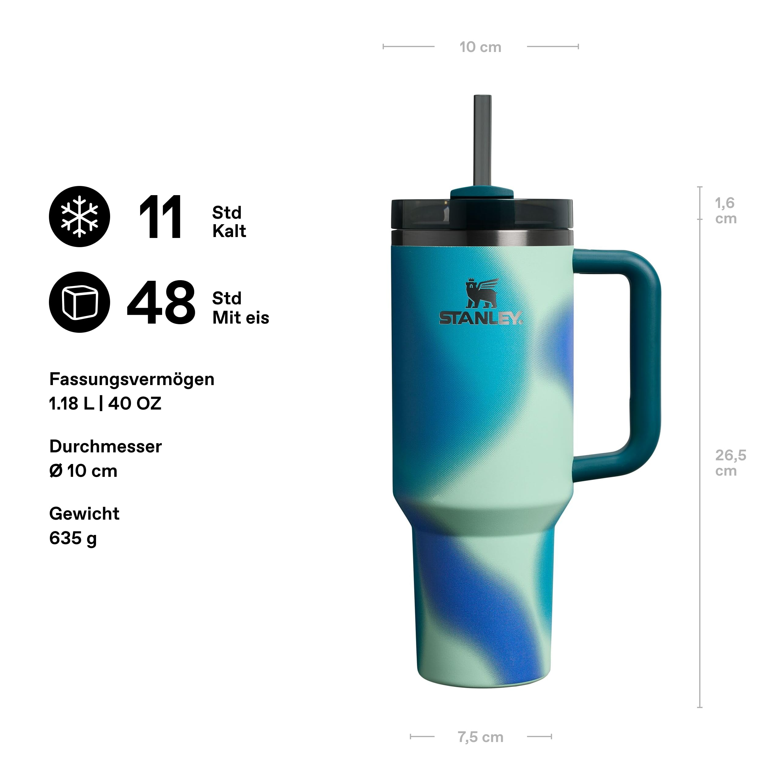 Ein blau-grüner Stanley-Trinkbecher mit Henkel, Strohhalmdeckel sowie Maß- und Funktionsangaben auf weißem Hintergrund.