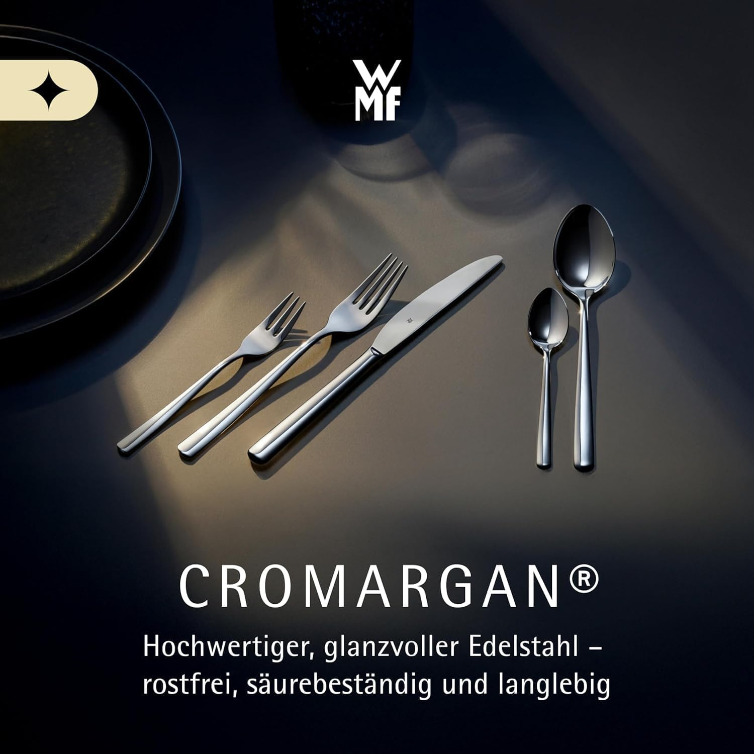 Couverts WMF en acier inoxydable Cromargan avec fourchettes, couteaux et cuillères.