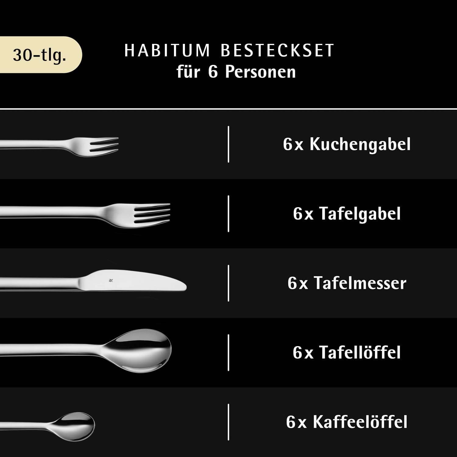 Ensemble de couverts de 30 pièces pour 6 personnes comprenant des fourchettes à gâteau, fourchettes, couteaux et cuillères.