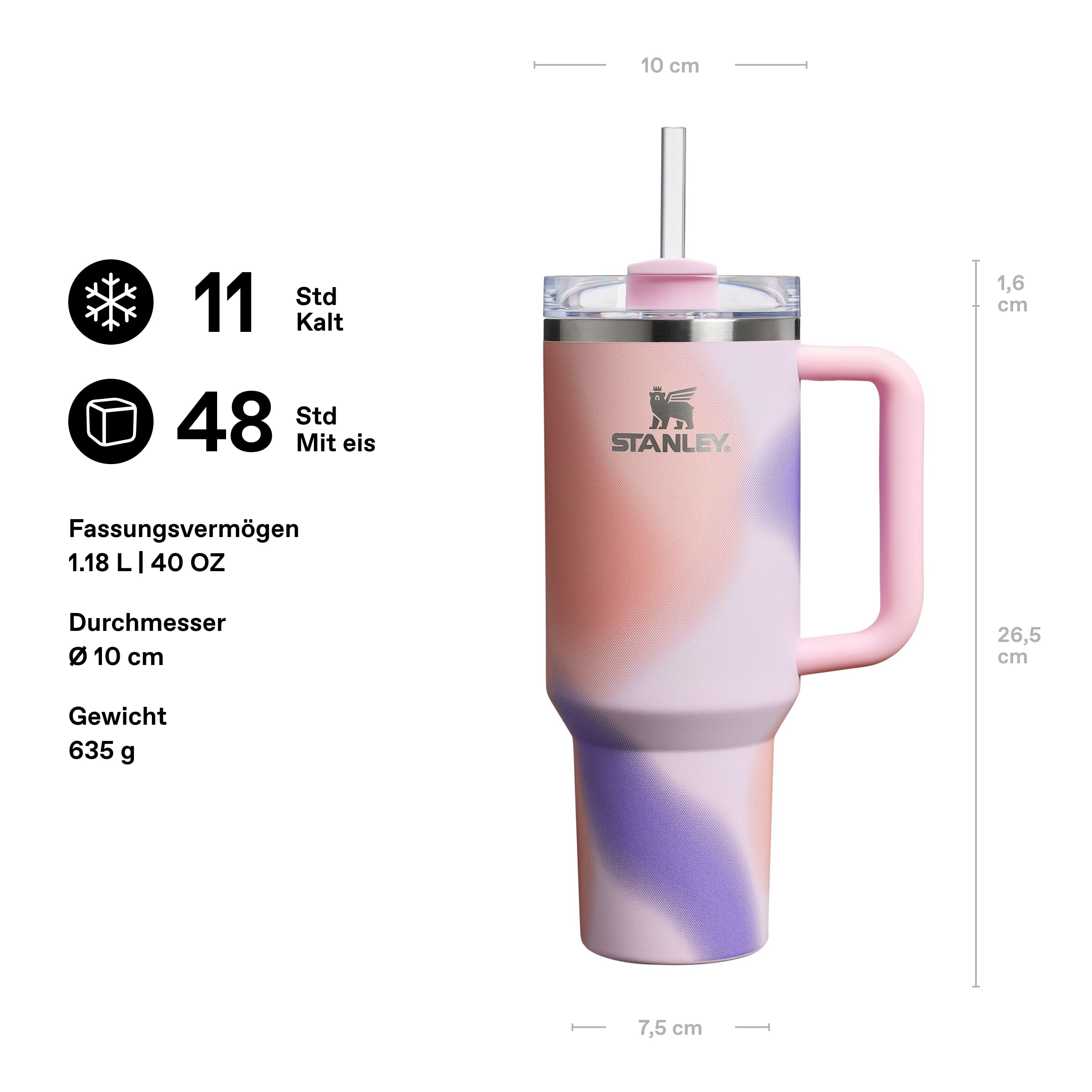 Rosa-lila gemusterter Stanley-Trinkbecher mit Strohhalm, Henkel und Maßen auf weißem Hintergrund.