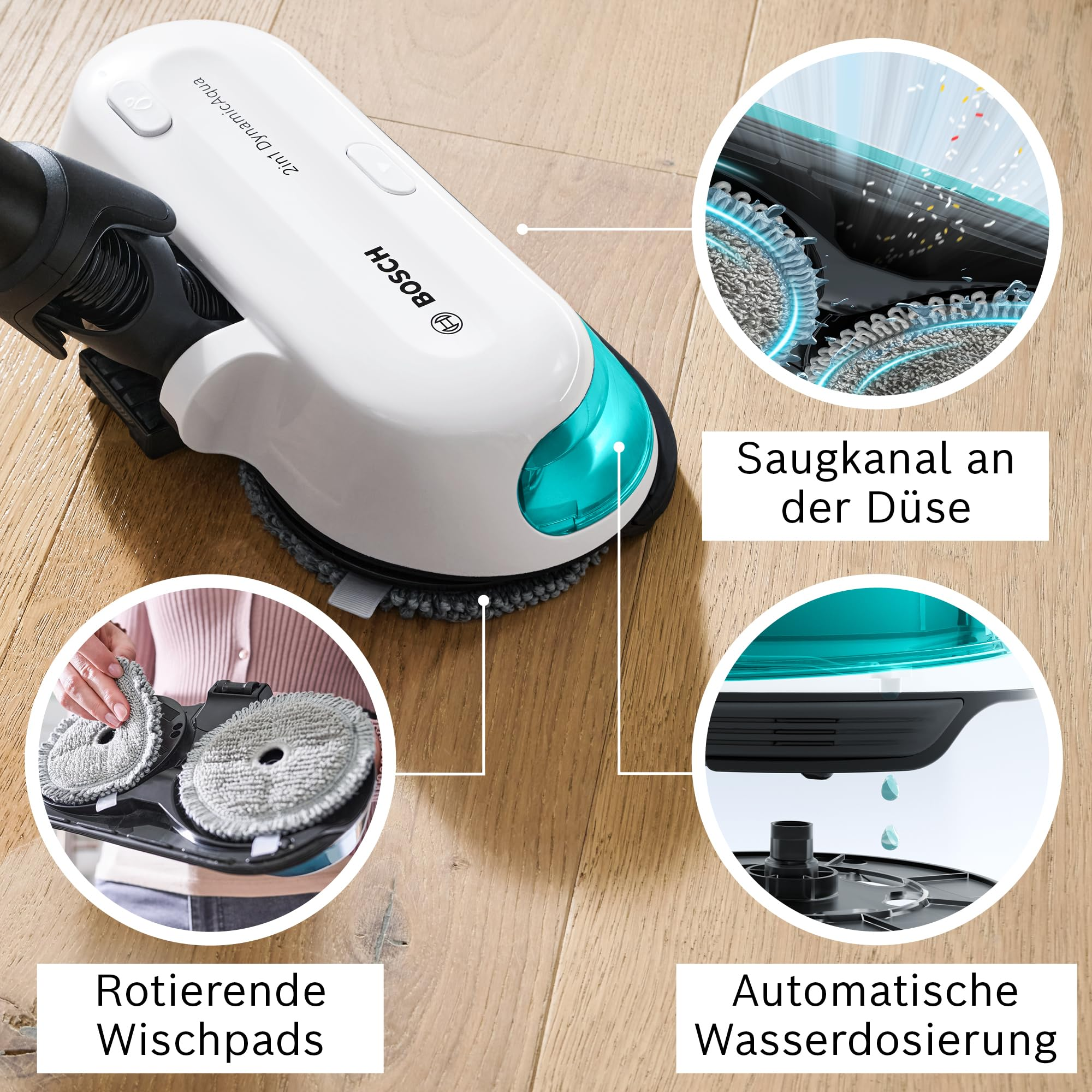 Testina lavapavimenti Bosch 2in1 DynamicAqua con panni rotanti, canale di aspirazione e dosaggio acqua.