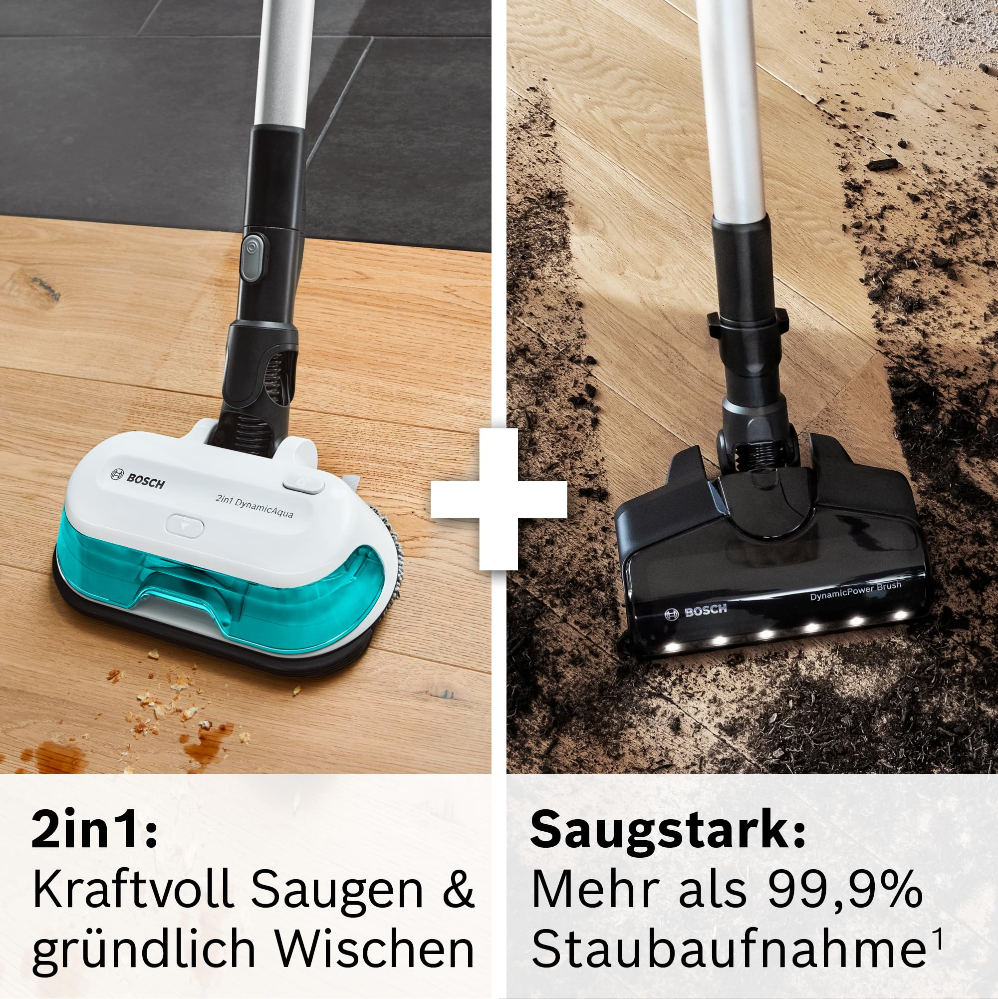 Accessori aspirapolvere Bosch: Sinistra testina lavapavimenti 2in1 DynamicAqua, destra spazzola DynamicPower.