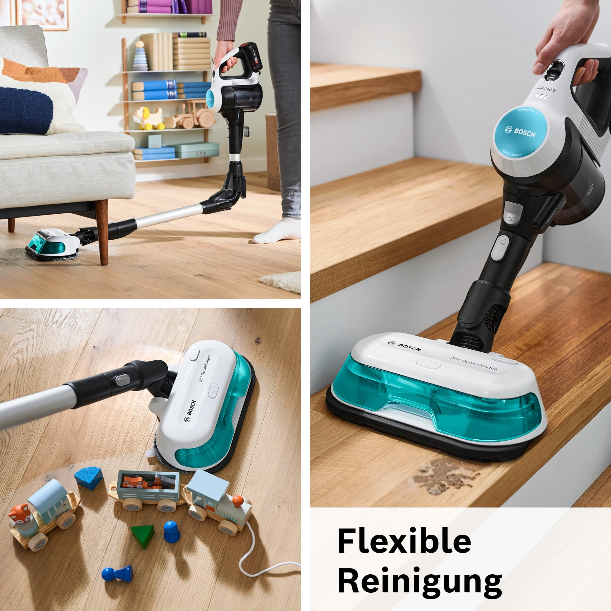Un aspirapolvere Bosch pulisce in modo flessibile sotto i mobili e sulle scale vicino ai giocattoli.