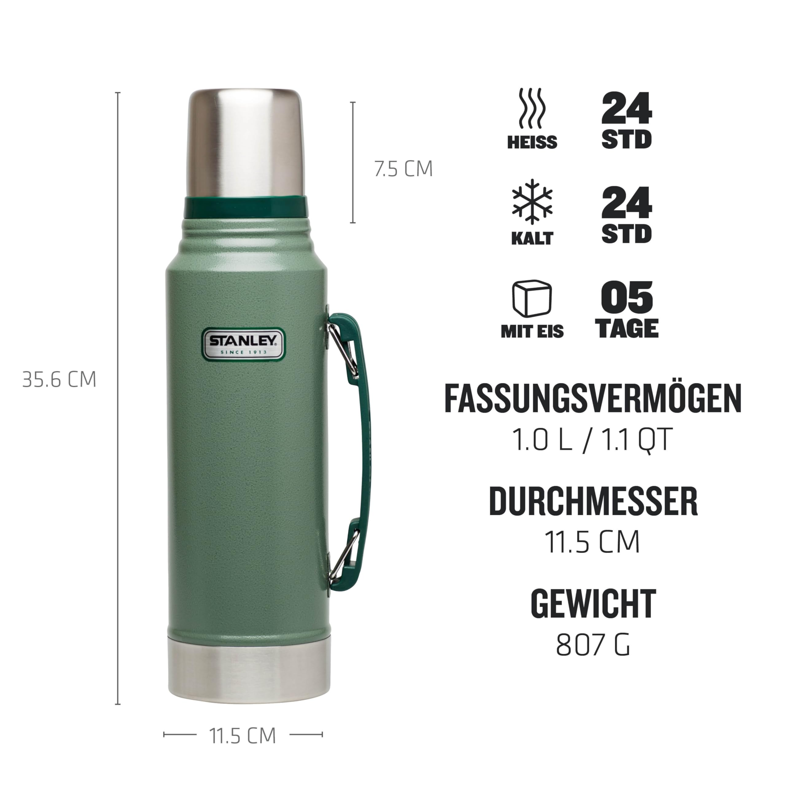 Grüne Stanley-Thermoskanne mit Messungen, Griff und Funktionssymbolen für Temperatur auf weißem Hintergrund.