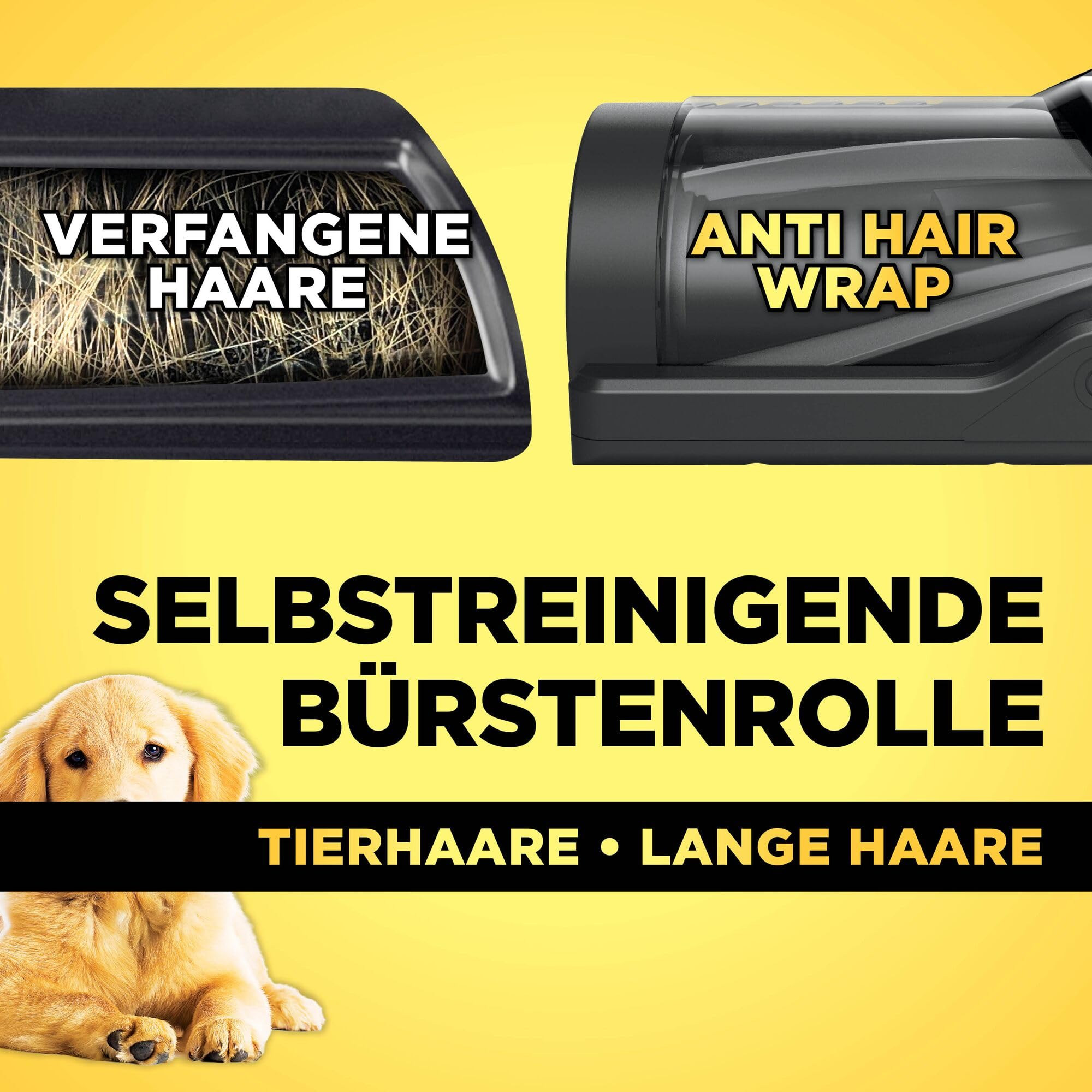 Vergleich zweier Bürstenköpfe, links mit Haaren, rechts Anti Hair Wrap Technologie, unten ein kleiner Hund.