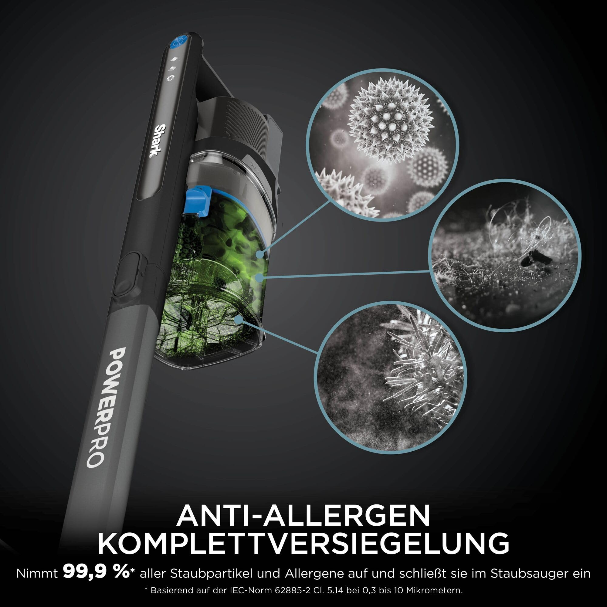 Shark PowerPro Staubsauger mit Anti-Allergen-Siegel und Mikroskopaufnahmen von Staub und Pollen.
