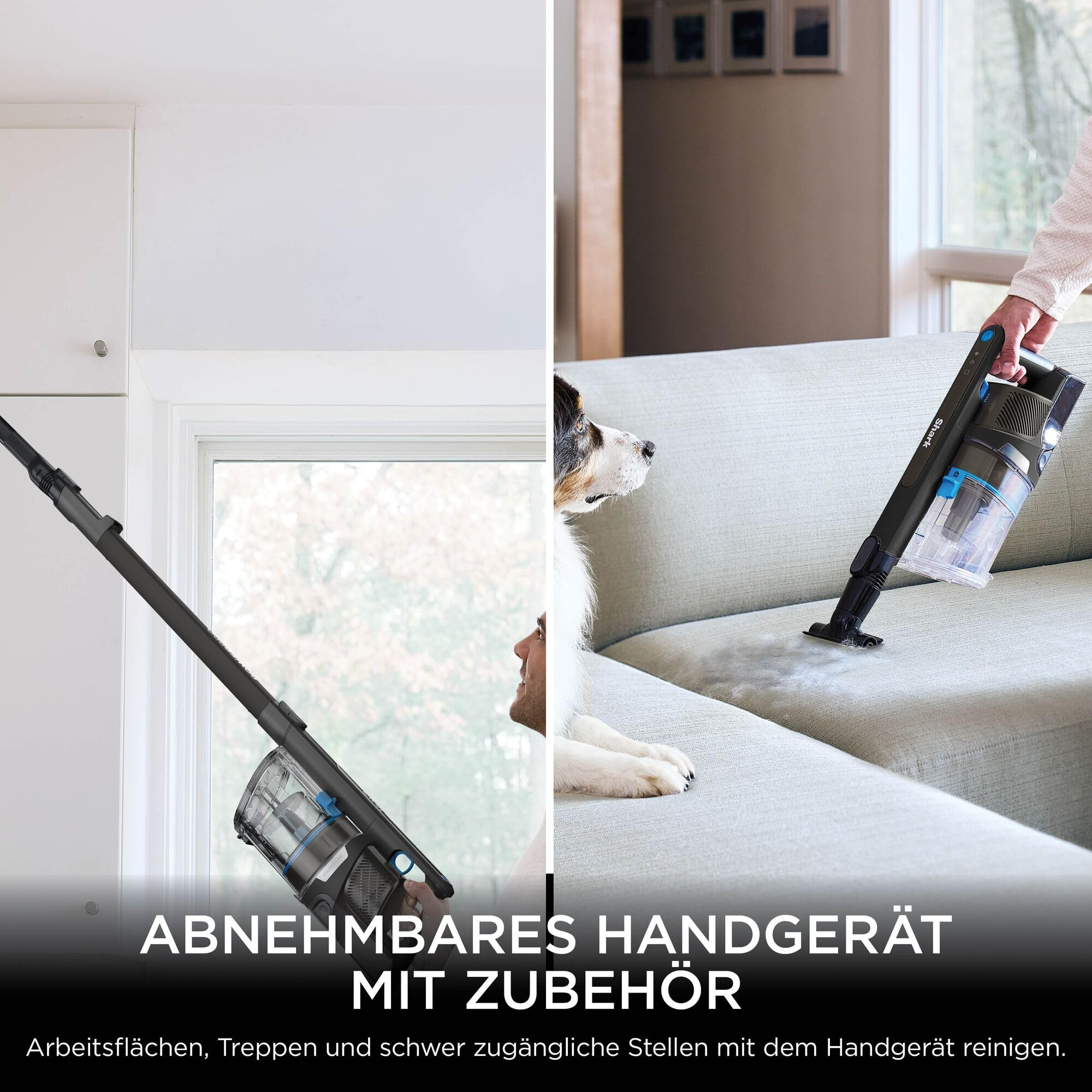 Ein handlicher Staubsauger reinigt eine Couch mit Hund im Hintergrund und ein Mann nutzt ihn mit Verlängerung.
