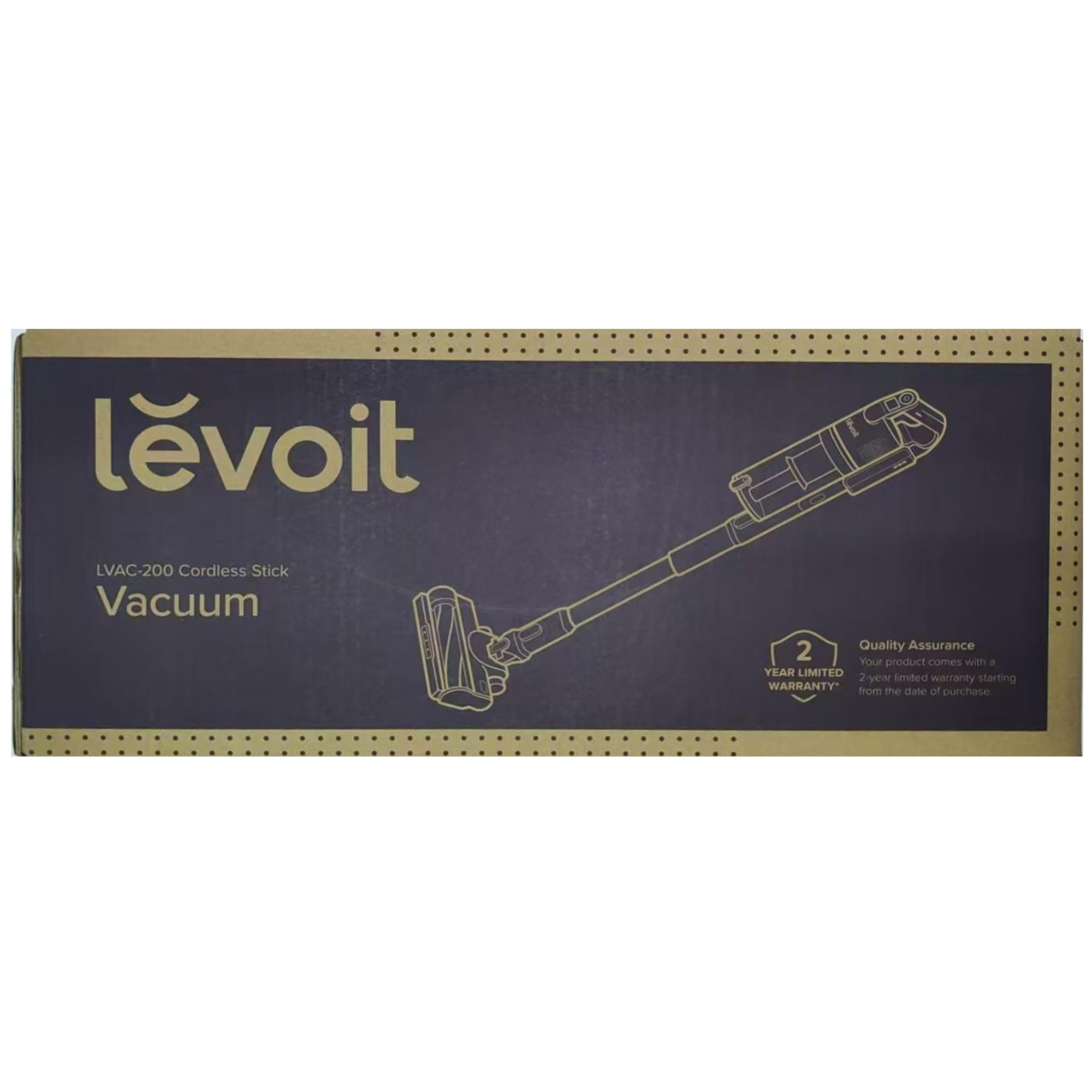 Scatola di imballaggio per aspirapolvere senza fili Levoit LVAC-200, con immagine del prodotto e garanzia.