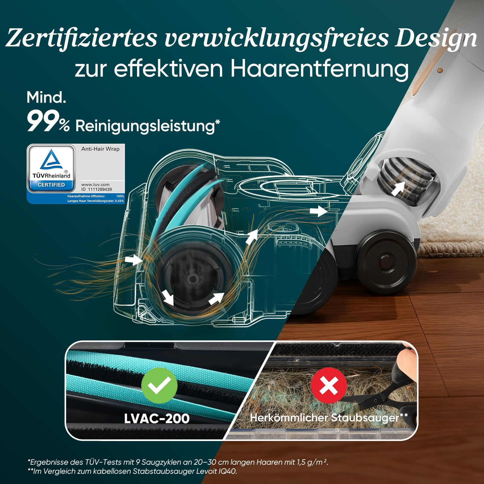 Aspirapolvere con design certificato senza grovigli per una rimozione efficace dei peli.