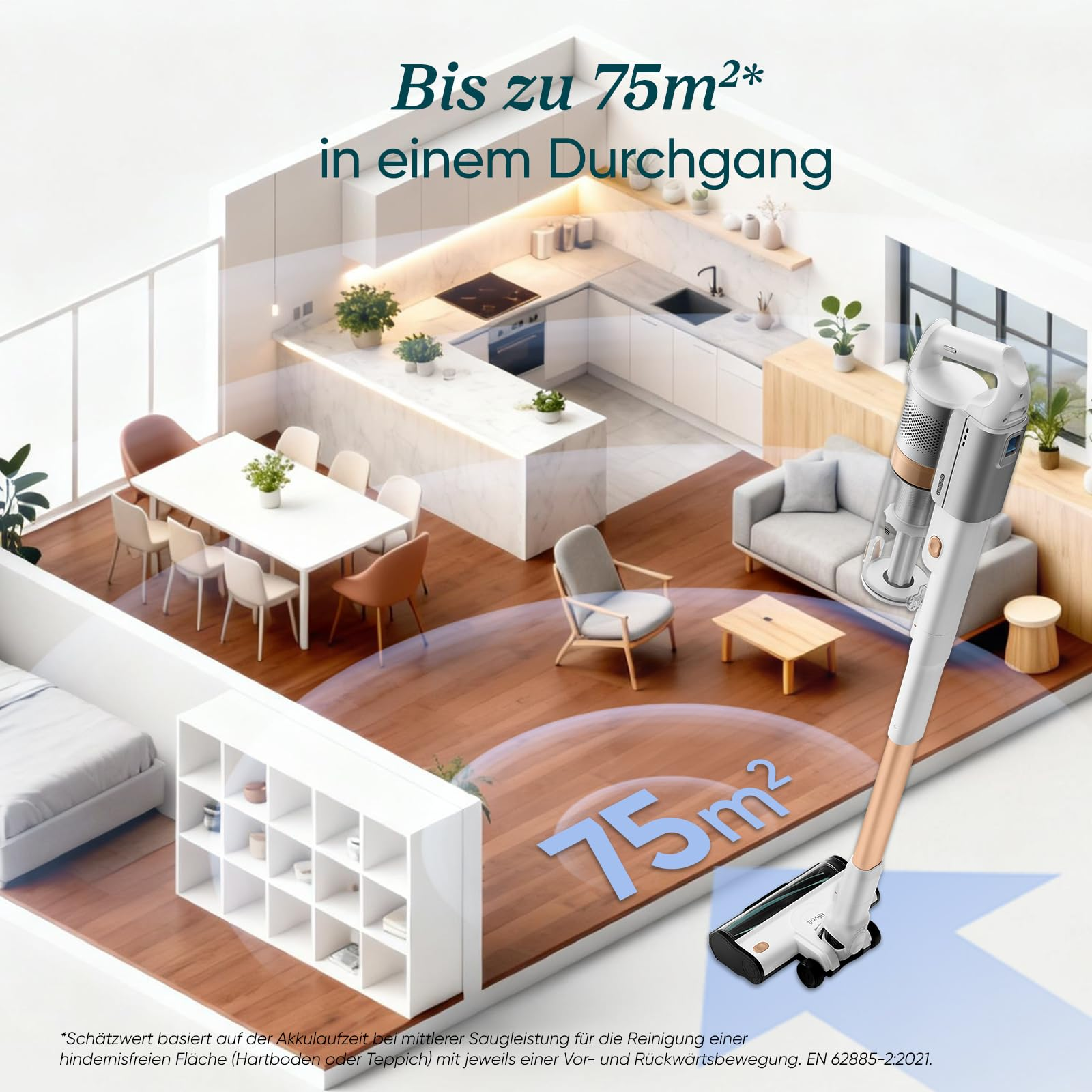 Aspirapolvere senza fili bianco e oro in un loft moderno con 75m² di autonomia e cucina sullo sfondo.