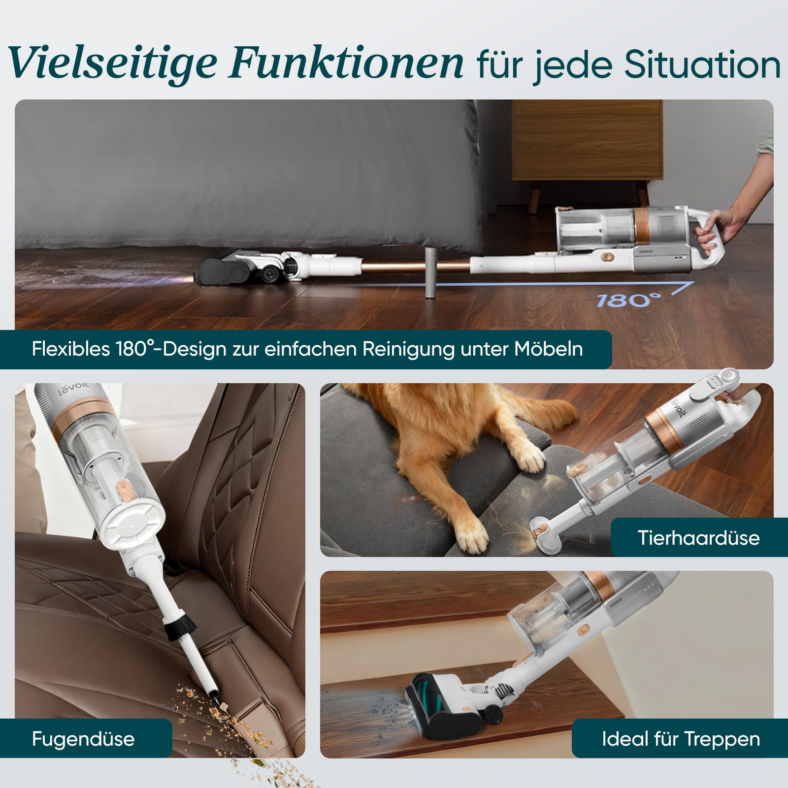 Un aspirapolvere senza filo bianco con accessori pulisce mobili, tappezzeria e scale.