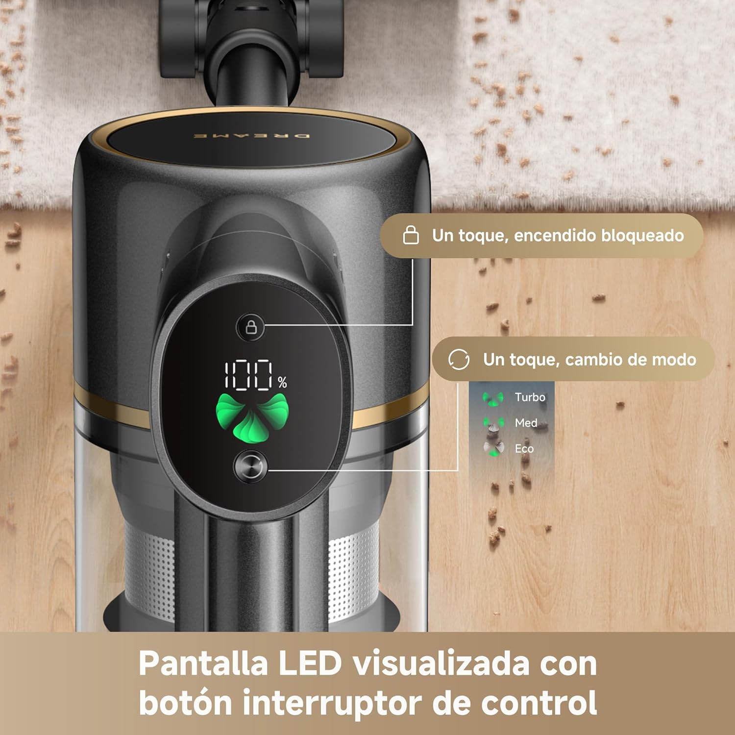 Schermo LED e pulsanti di controllo di un aspirapolvere grigio su pavimento.