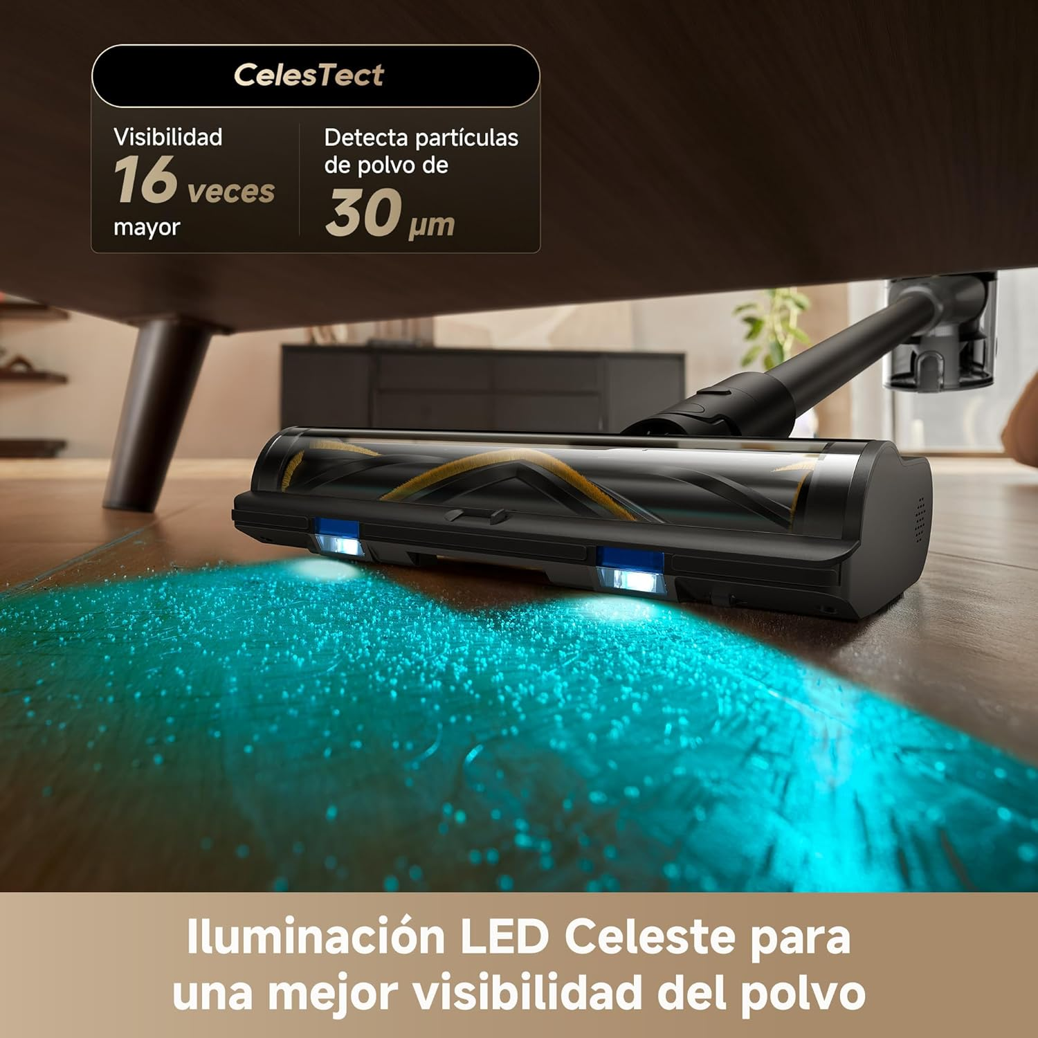 Una testina di aspirapolvere con luce LED blu illumina le particelle di polvere.