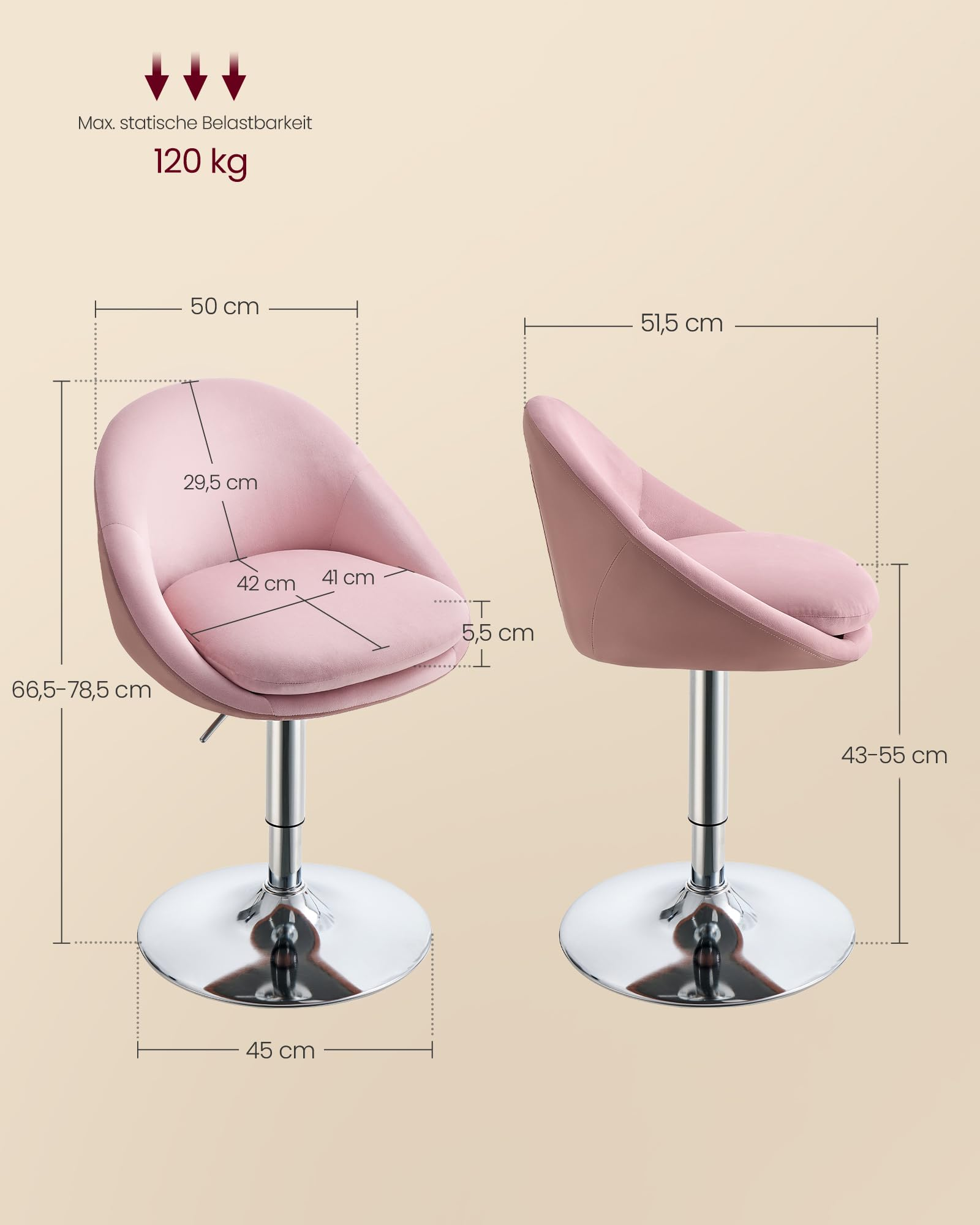 Technische Zeichnung mit Maßen eines rosa Stuhls mit verchromtem Fuß und 120 kg max. Belastung.