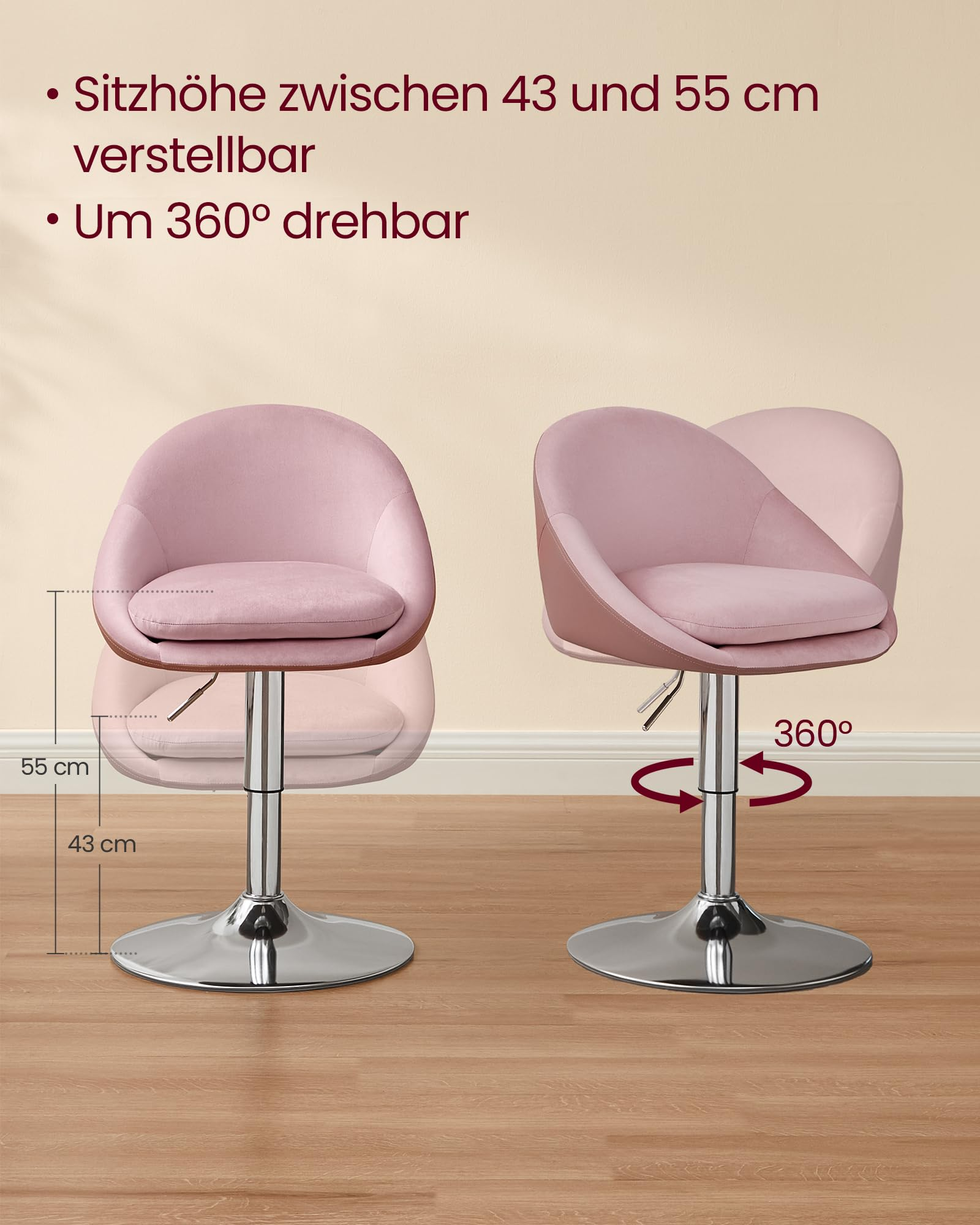 Rosa Stuhl, höhenverstellbar von 43 bis 55 cm und um 360 Grad drehbar.