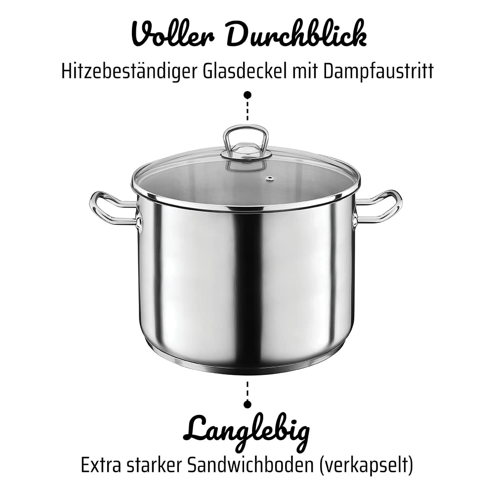 Marmite en acier inoxydable avec couvercle en verre et poignées, avec textes en allemand en haut et en bas.