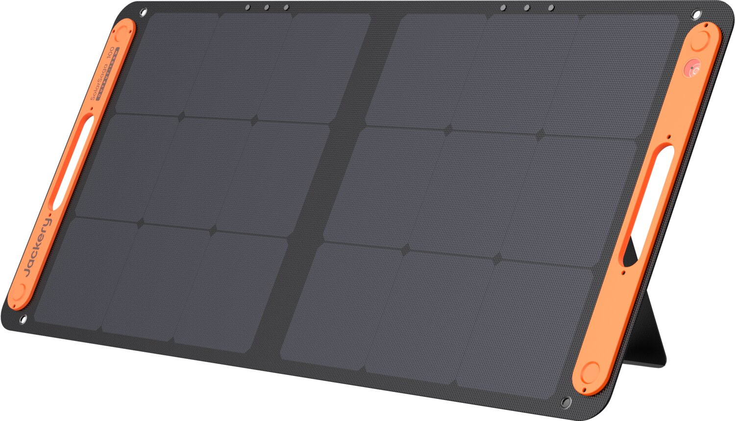 Ein tragbares schwarzes Jackery Solarpanel mit orangefarbenen Griffen und Standbein auf weißem Hintergrund.