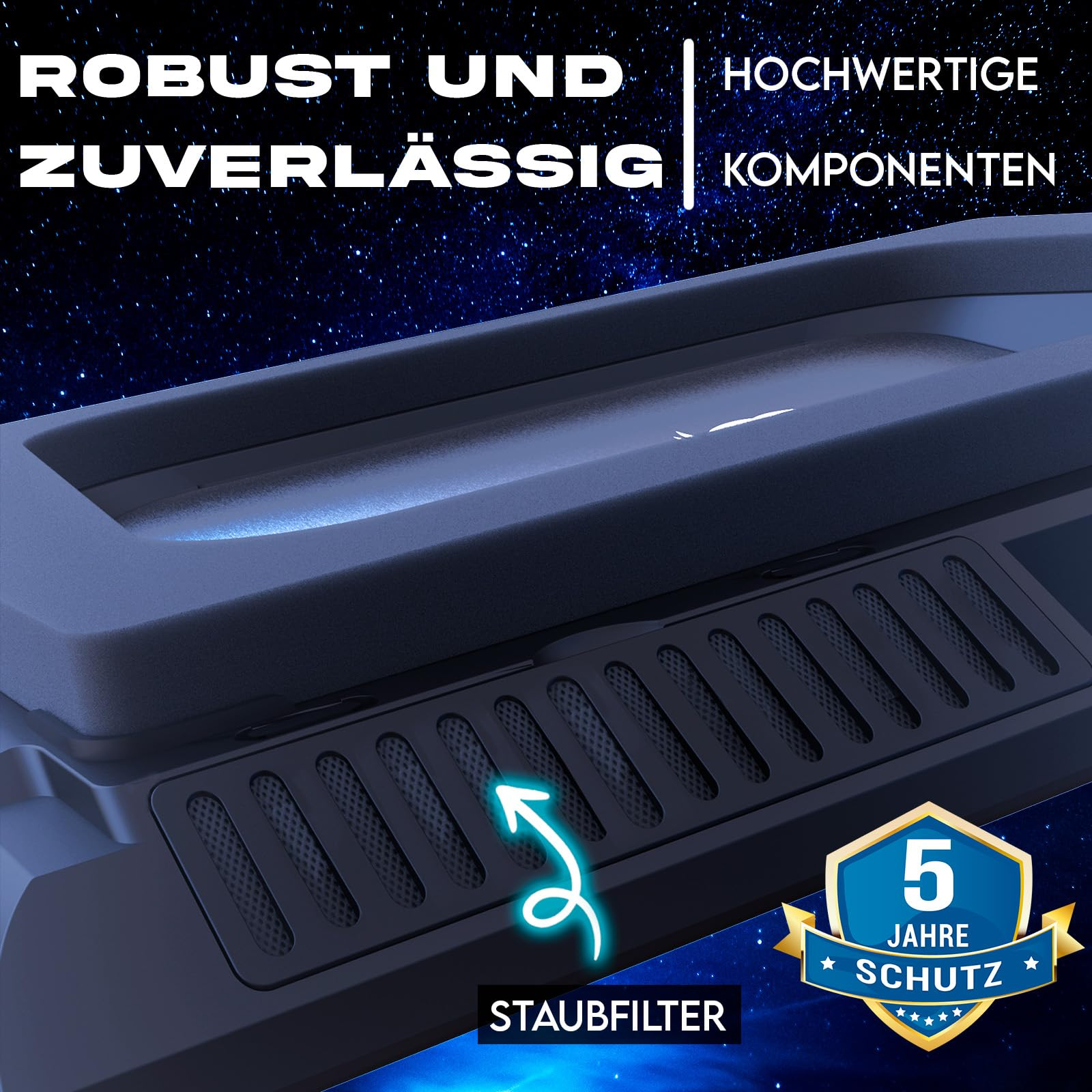 Blaue Gerätekomponente mit Staubfilter und 5 Jahren Schutz.