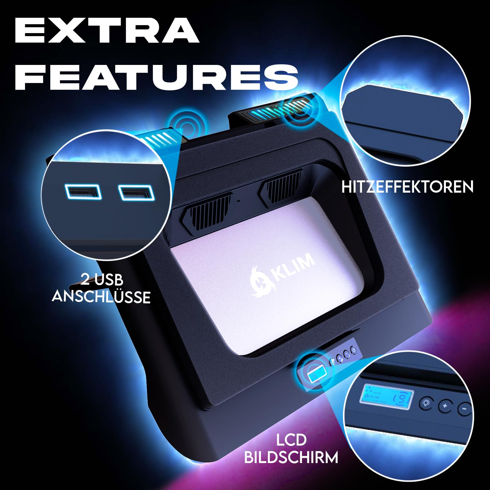 Klim Laptop-Kühler mit extra USB-Anschlüssen, Hitzeeffektoren, LCD-Bildschirm und blauer Hintergrundbeleuchtung.