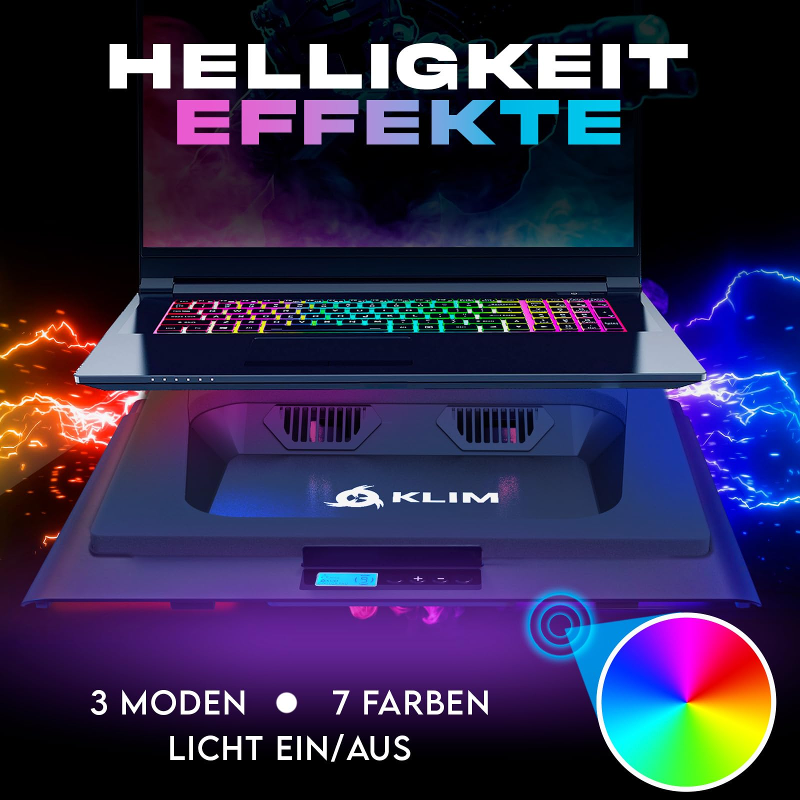 Ein KLIM Laptop-Kühler mit RGB-Beleuchtung und Farbkreis auf schwarzem Hintergrund mit Text.